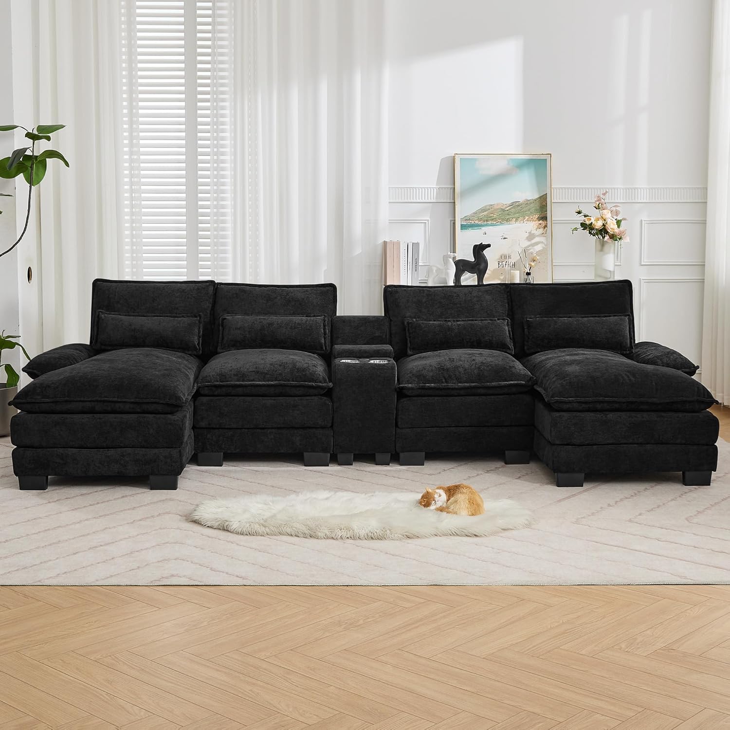 WUTUTUEE 125" U-Shaped Cloud Modular Sectional Sofa with Chaise, Chenille Upholstery, Storage Console, USB Ports & Cup Holders - Black Deep Seat Couch