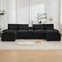 WUTUTUEE 125" U-Shaped Cloud Modular Sectional Sofa with Chaise, Chenille Upholstery, Storage Console, USB Ports & Cup Holders - Black Deep Seat Couch