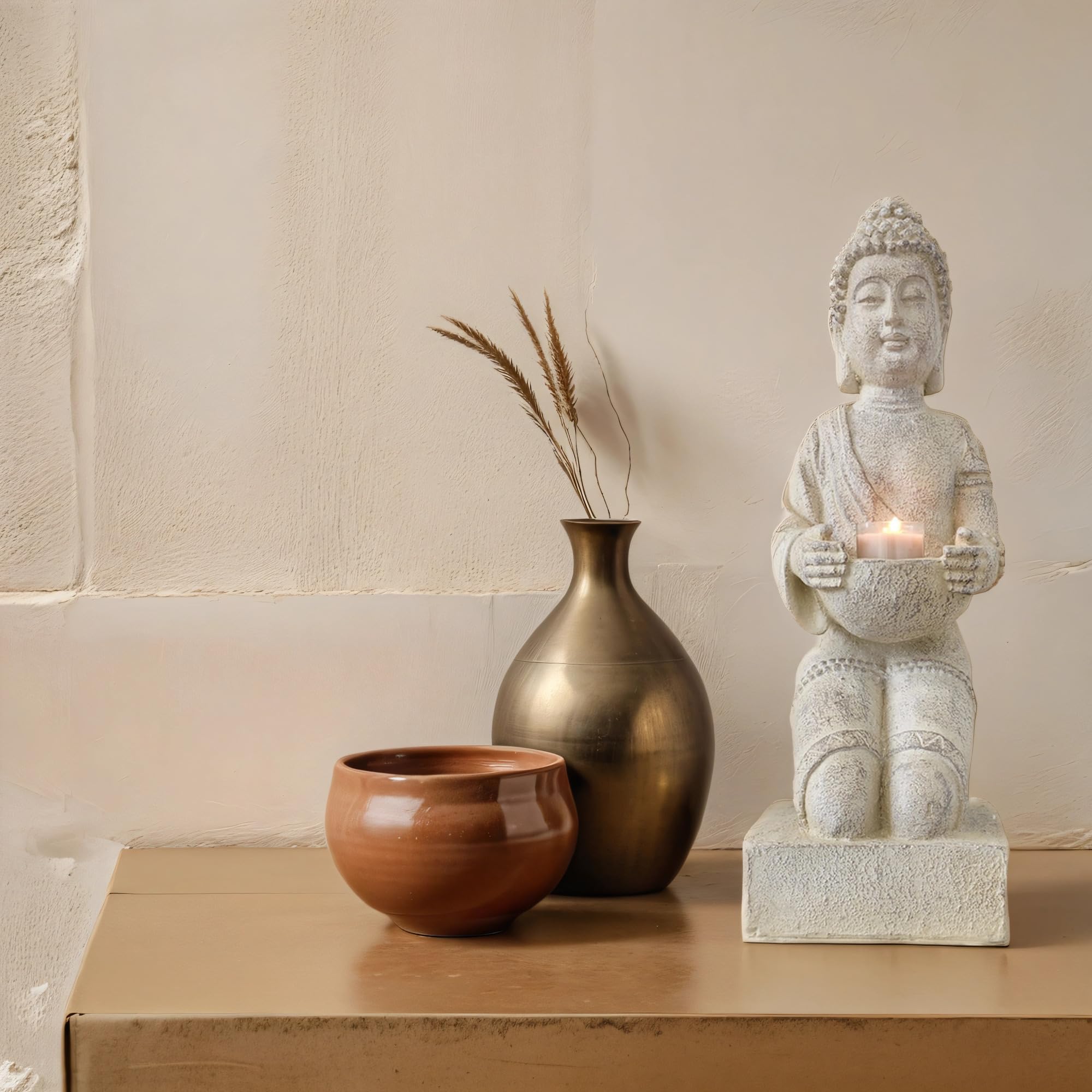 Statuetta di Buddha con portacandela 39 cm (crema)