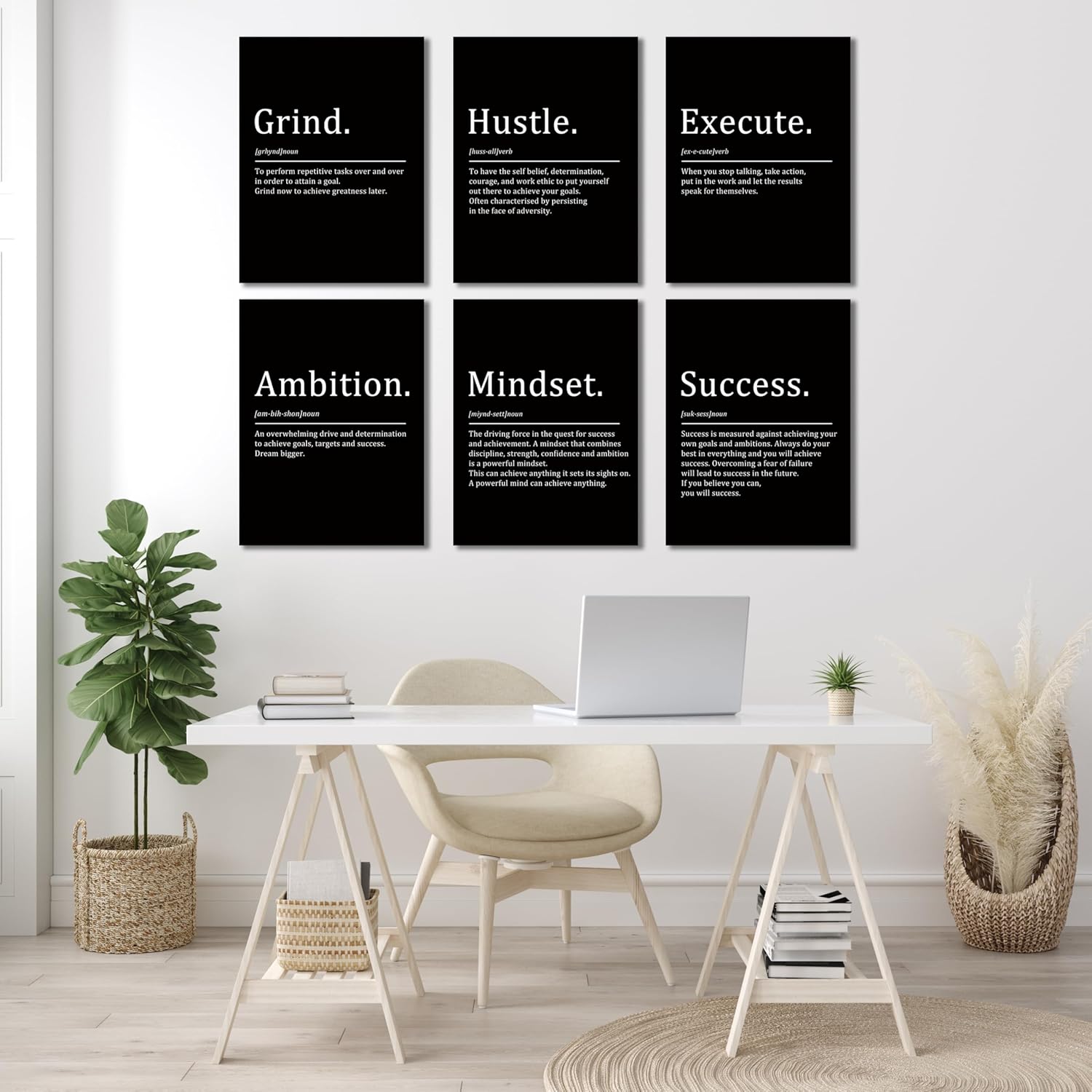 COSCTOR Set of 6 Grind Hustle Execute Ambition Mindset Success Motivational Wall Art Picture Decor Canvas Framed for Office Bedroom Inspirational Home Posters Paintings Ready to Hang(Framed,12x16)