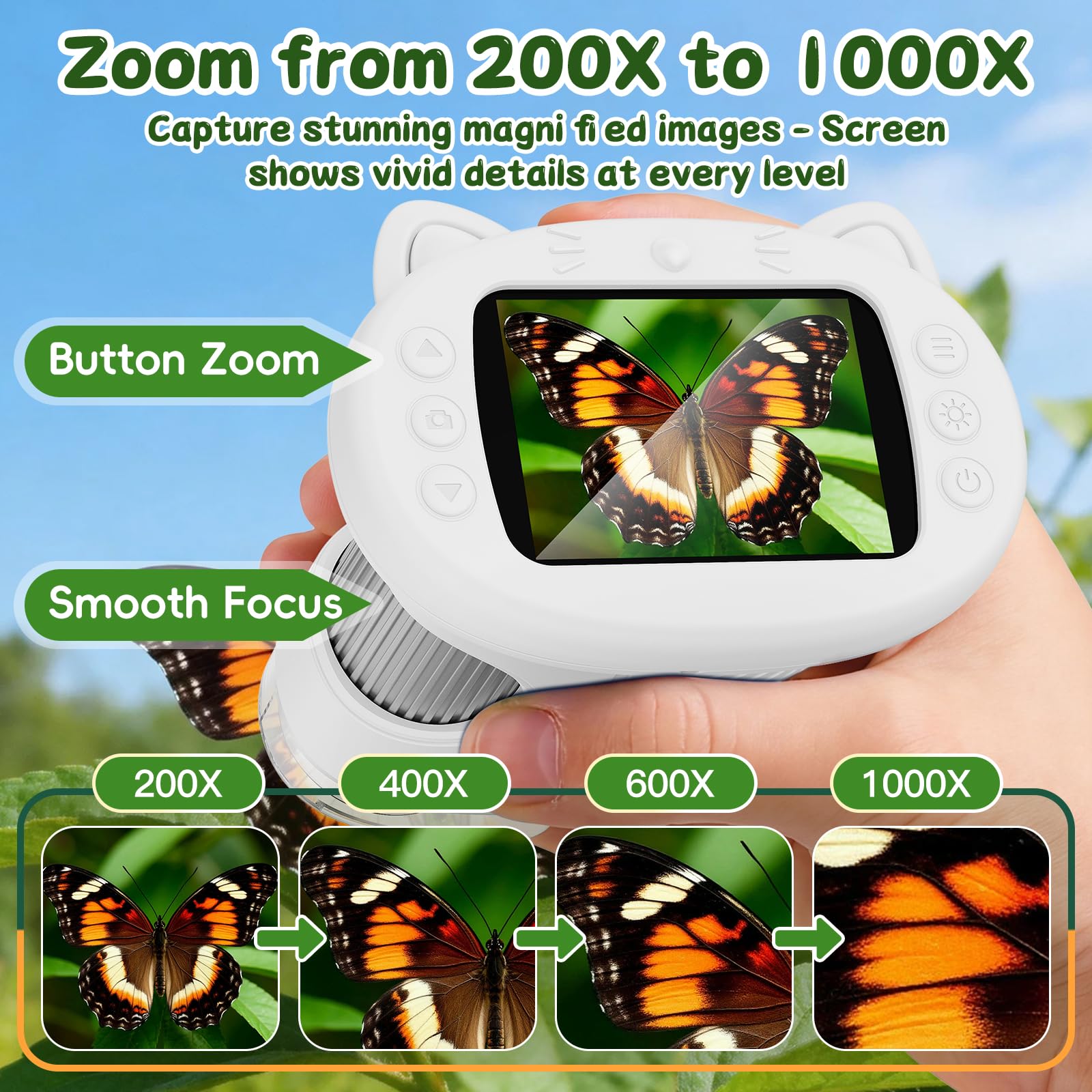 Microscope Portable pour Enfants, Microscope Numérique 1000x avec Écran IPS 2,4 Pouces, Fonction Photo et Compatible PC, Microscope pour Jardin, Forêt et Activités en Plein Air (Blanc)