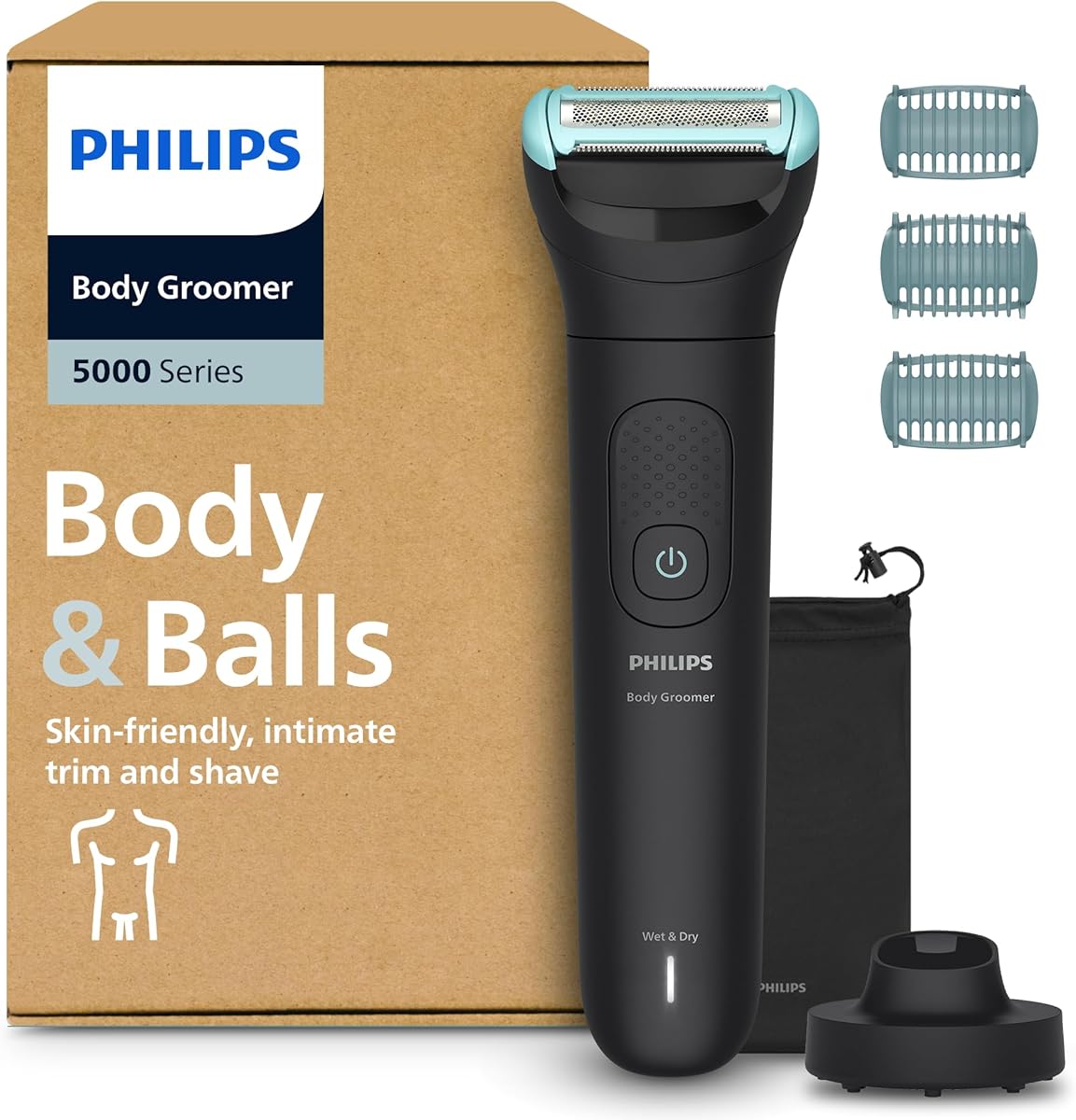 Philips Bodygroom Series 5000 – Trimmer für Männer mit Rasiersystem mit Dreifachschutz, auch zur Nutzung im Intimbereich, 100% duschfest, 100 Min. Laufzeit, Modell BG5485/30