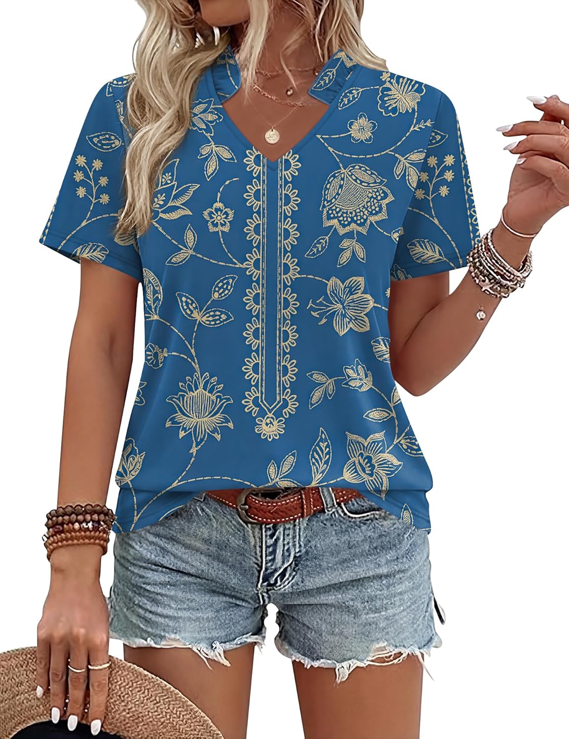 Kistore Womens Summer Tops Short Sleeve V Neck Casual Shirts Beach Vacation Dressy Work Blouses