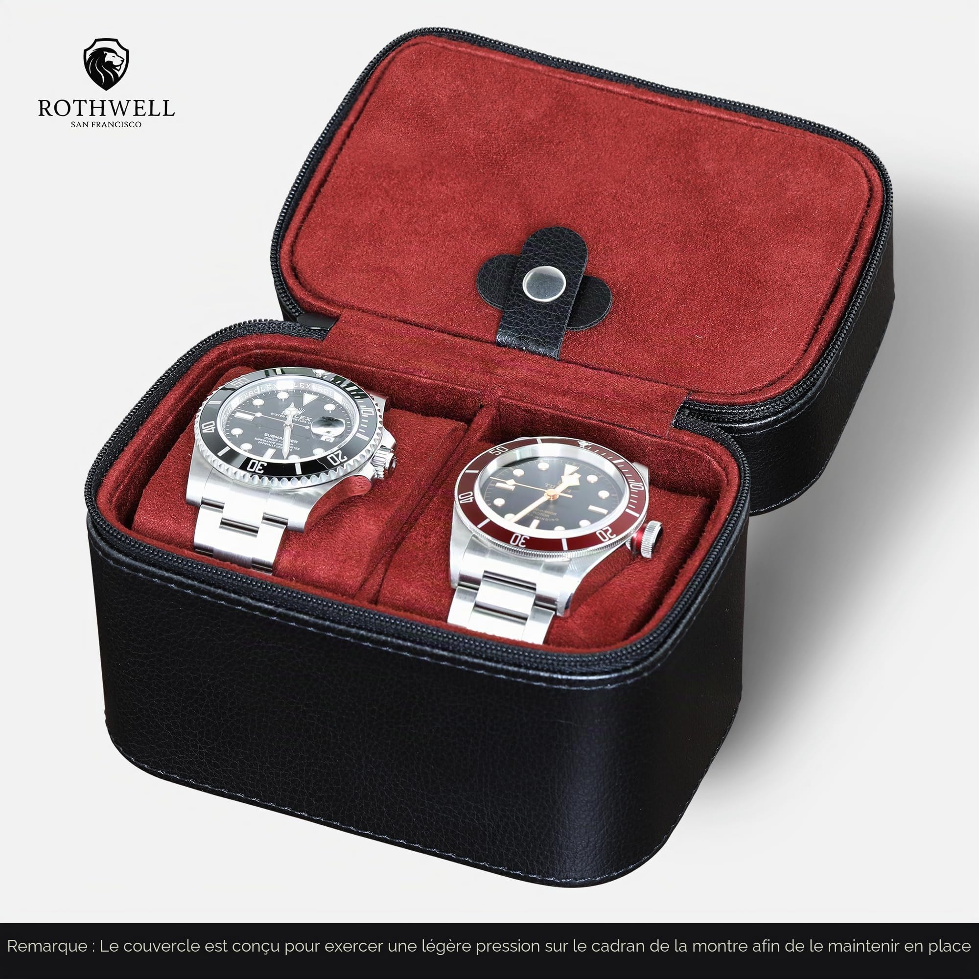 Organisateur de rangement pour étui de voyage pour 2 montres, ecrins pour montres | protection portable robuste avec fermeture à glissière s'adapte à toutes les montres-bracelets (noir/rouge)