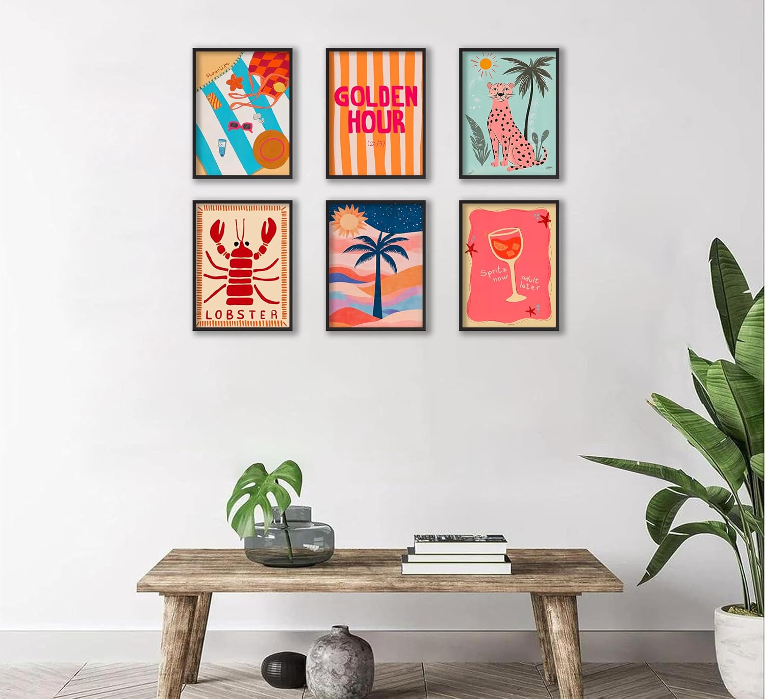 Colorful Beach Preppy Canvas Wall art Coastal Aesthetic Room Pictures Wall Decor Leopard Beachy Palm Tree Painting Posters Prints Artwork for Girls Bedroom Dorm Apartment Decoration Unframed