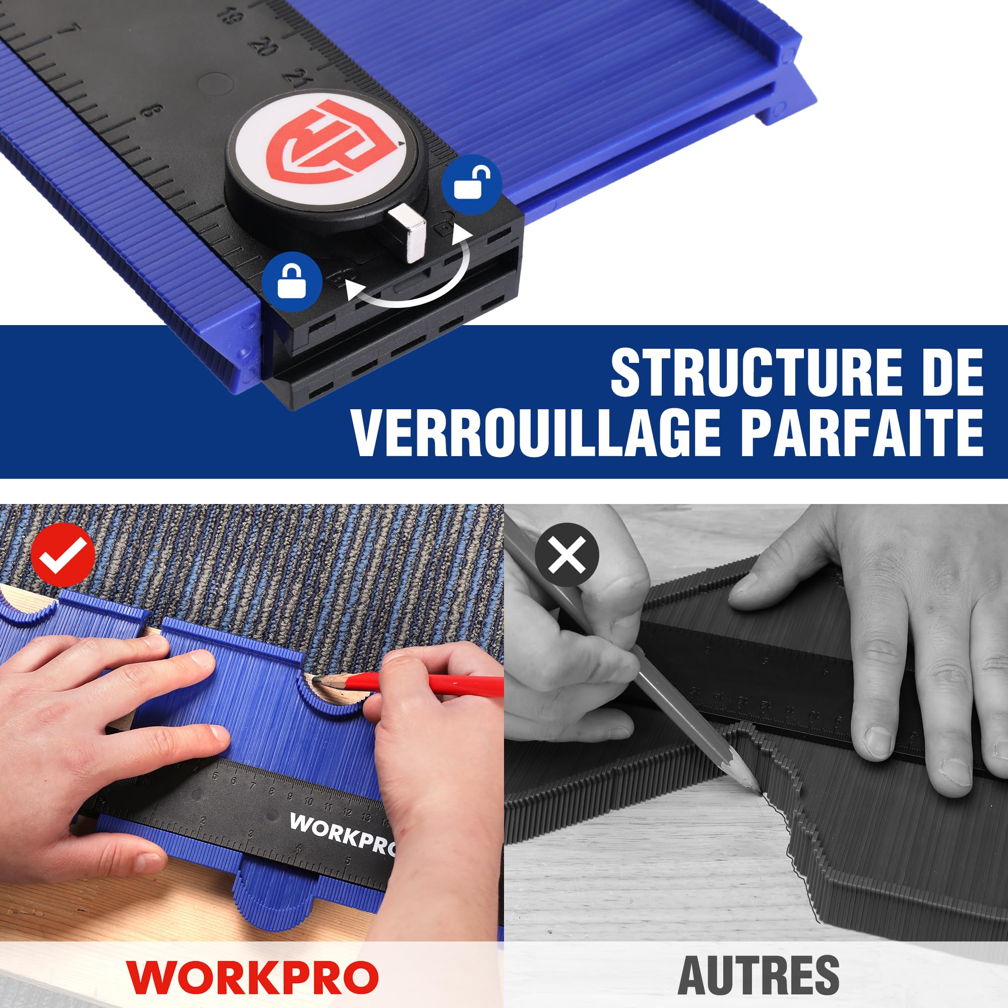 WORKPRO Jauge de Contour Connectable 25+25 cm, Duplicateur de Profil avec Verrouillage, Copie Précise des Formes Irrégulières, Outil de Traçage pour Menuiserie, Parquet, Moquette et Carrelage