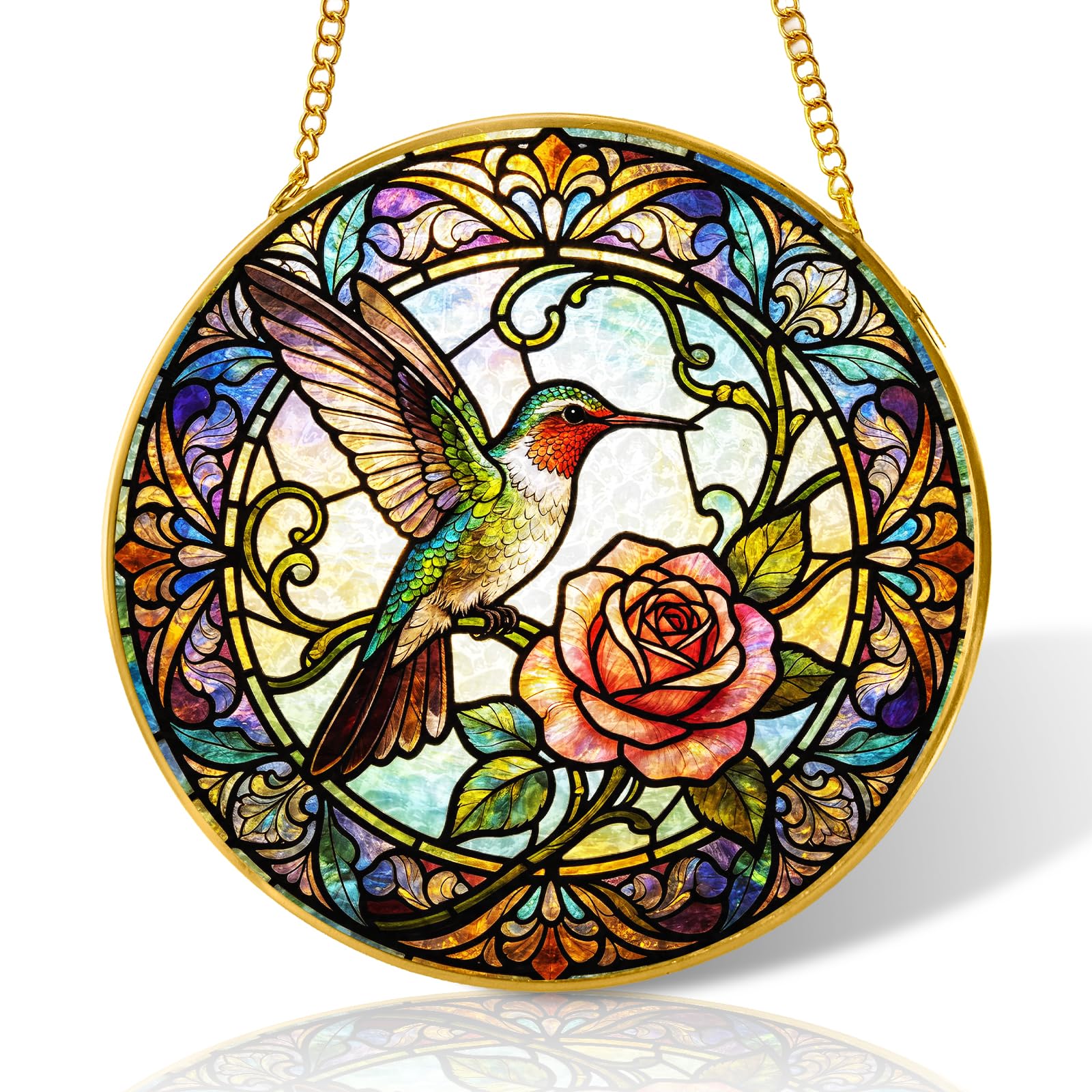 10 inch Hummingbird Flower Stained Glass Suncatcher Windows Hanging,Stained Glass Ornament Home Decor,Suncatchers for Windows Hanging,Birthday Gifts for Women,Lovers,Friend(Gold)