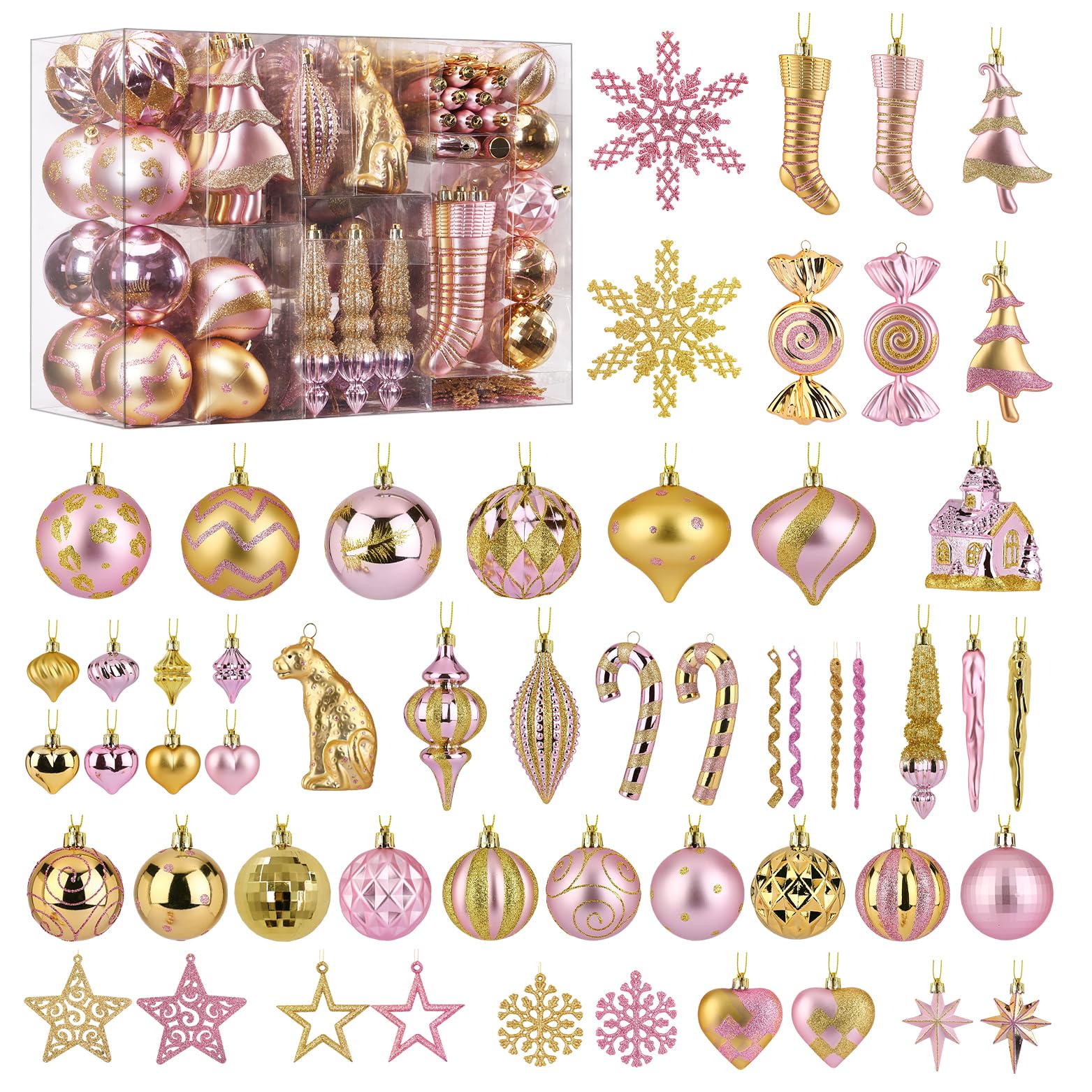 SHareconn Lot de 145 boules de Noël en plastique incassable – Flocons de neige, étoiles et cimier de sapin – Décorations de fête de mariage avec cordes à suspendre – Doré et rose
