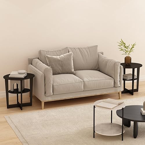 Furinno Juego de 2 mesas auxiliares modernas, mesa auxiliar abierta de 2 niveles con mesa ovalada, mesita de noche, mesita de noche, fácil montaje,