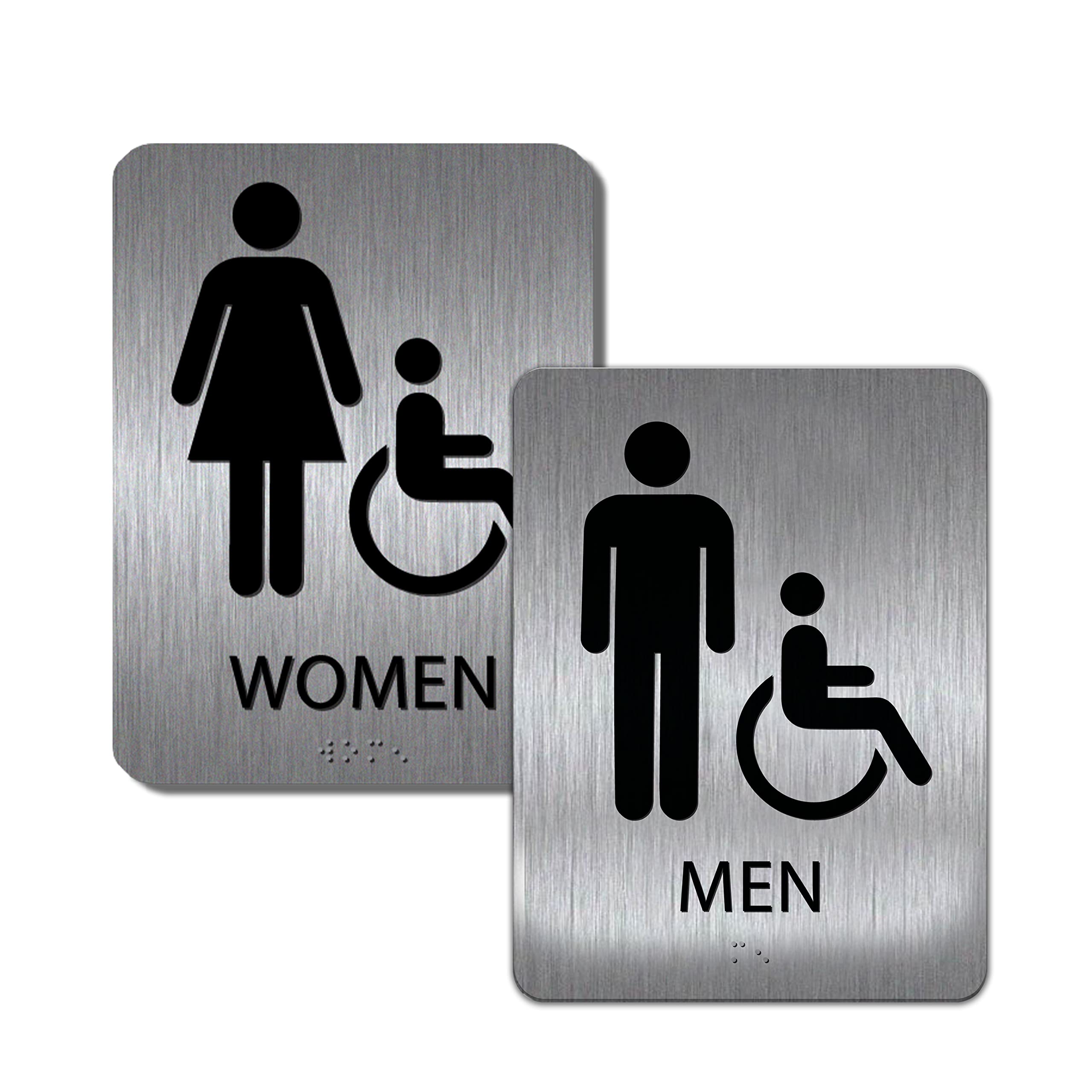ALPHA DOG ADA SIGNS Men's and Women's Handicap Restroom Wall Sign Set Brushed Stainless - ADA Title 24 Bathroom Signs with Grade 2 Braille