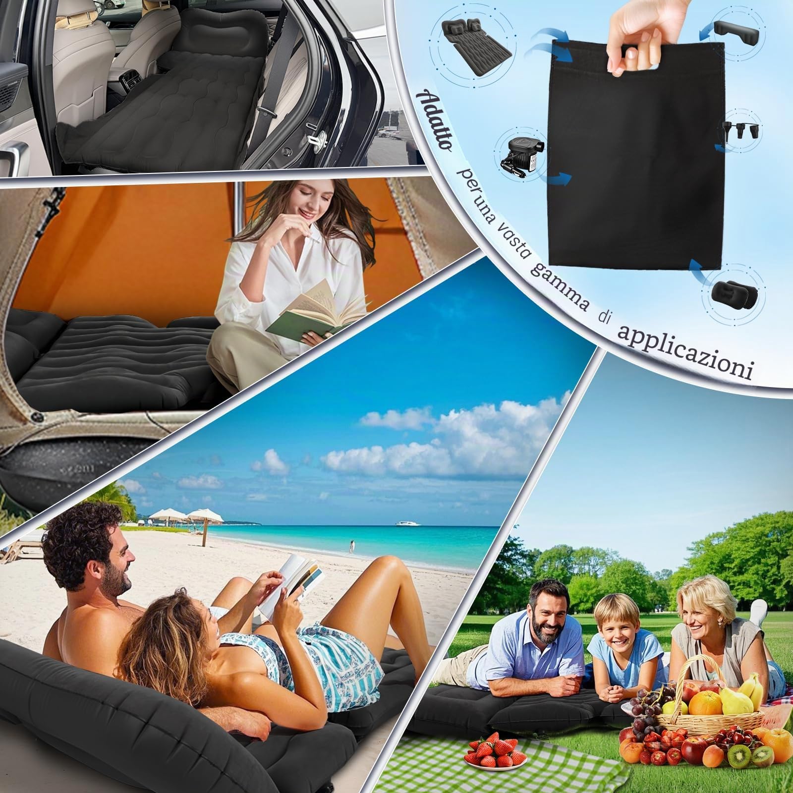 FORMIZON Materasso Auto, 180 * 140cm Materasso Gonfiabile Macchina, Letto Gonfiabile Auto con Pompa ad Aria e 2 Cuscini per SUV più Spesso Letto per Viaggi in Campeggio All'aperto (Nero)