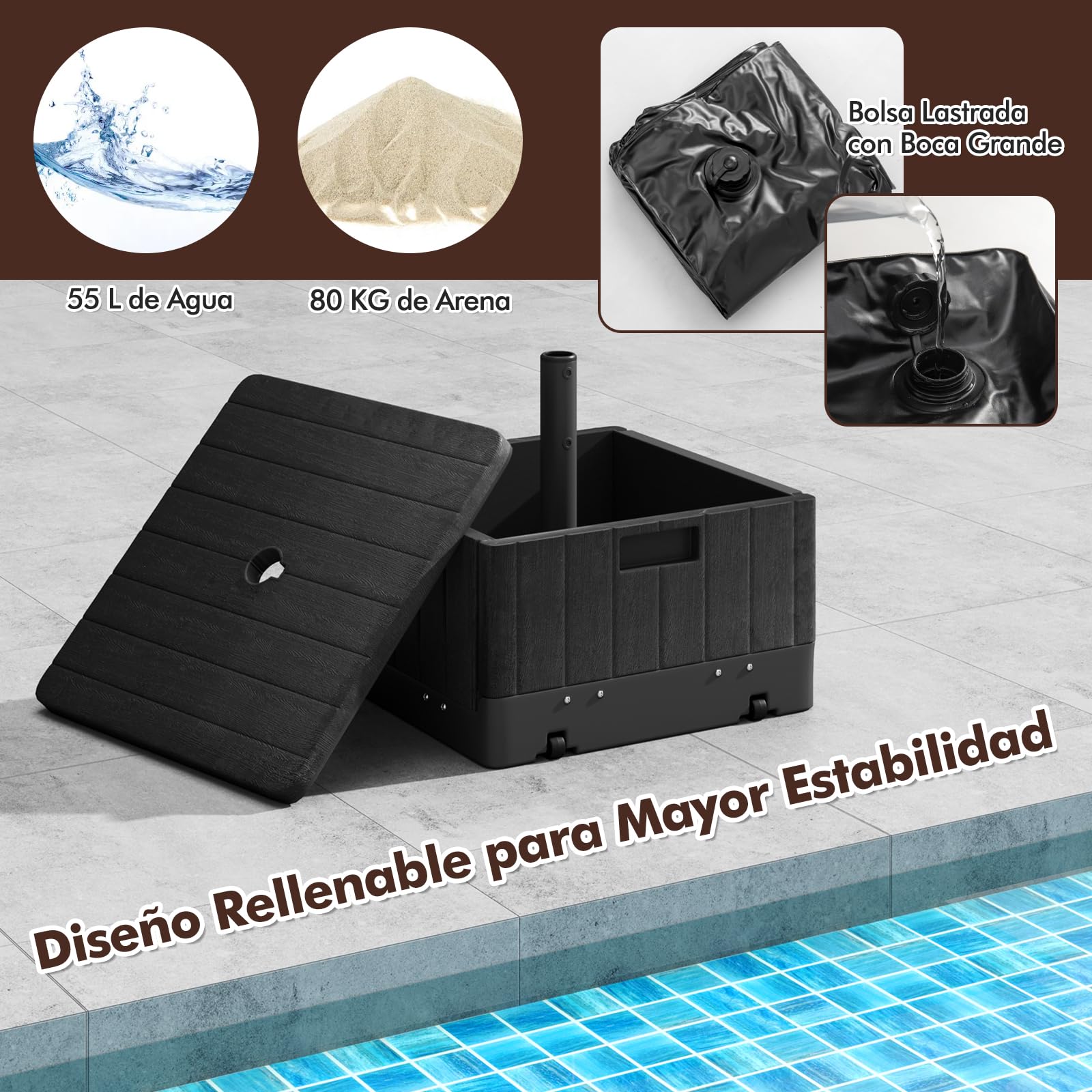 GOPLUS Base De Sombrilla Móvil Rellenable De Alta Resistencia, Soporte Para Sombrilla Con Ruedas Y Asa, Bandeja De Mesa, 2 Perillas Ajustables, Para Poste De Diámetro. 38mm/48mm (Negro)