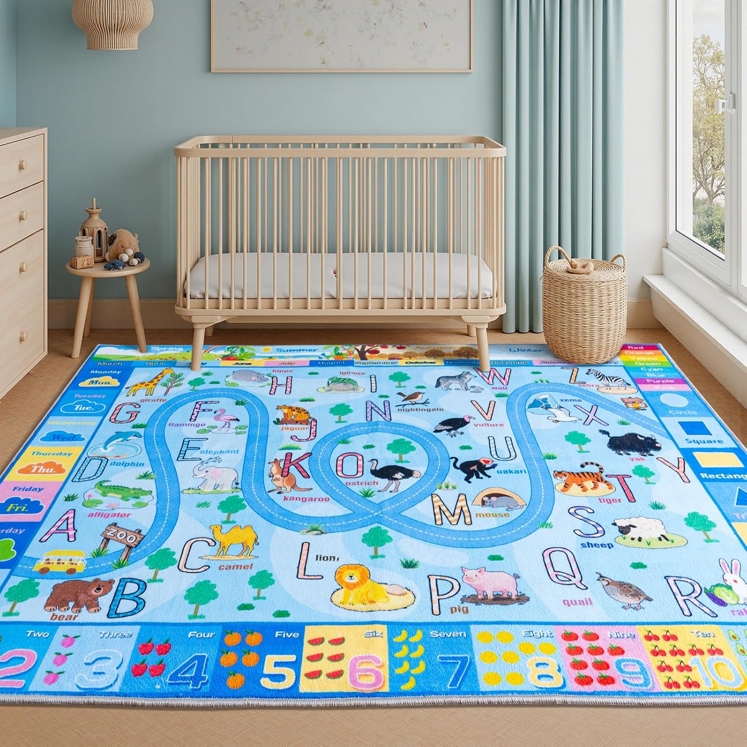Kids Rug for Playroom 4x5, Educational Animal & Season Shape Carpet, Non-Slip Washable Floor Mat for Nursery Bedroom Classroom, Blue