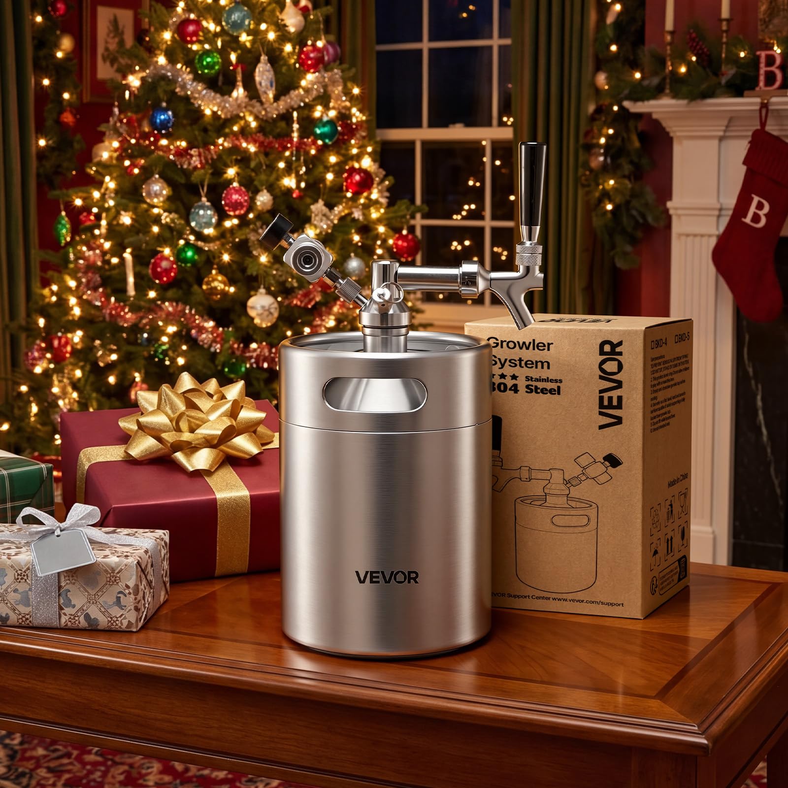VEVOR Mini Barril Dispensador de Cerveza de 4 L de Acero Inoxidable 304, Con Regulador de CO₂ y Grifo de Cierre Automático, Compatible con Cartuchos de CO₂ de 16 g (No Incluido), Para Fiesta, Hogar