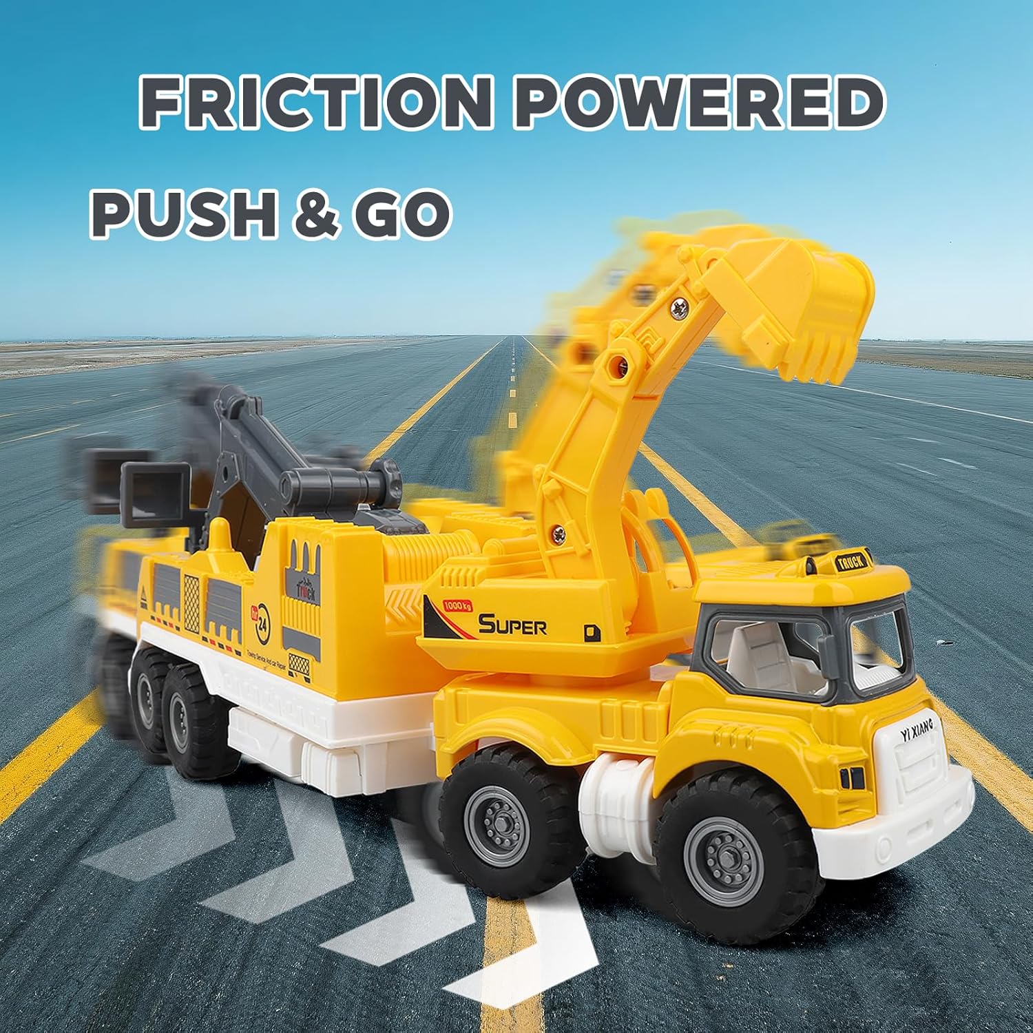 Rescue Trucks - Tow Truck Trailer Toy for Kids, Friction Powered Recycling Truck with Excavator, Birthday Gifts for Age 3-7 Toddlers Boys & Girls