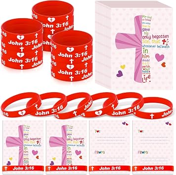 Syhood 72 Pcs Christian Valentine Gifts Bulk Religious Valentines Day John 316 Cards with Bracelets For God So Loved The World Cards Church Silicone Wristbands for Valentines Party Exchange Gifts
