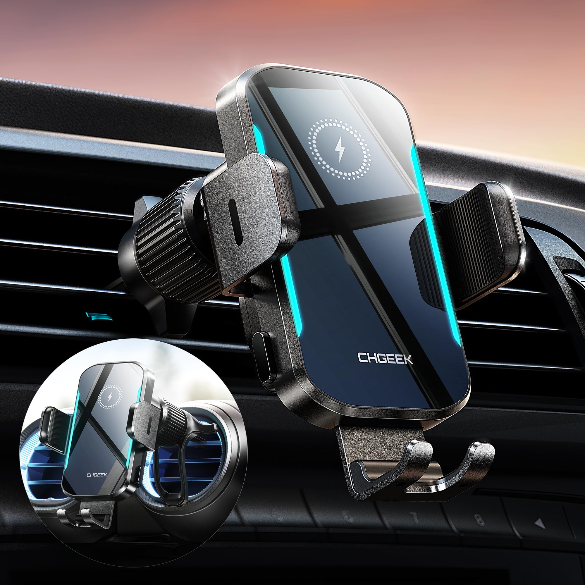 Photo 1 of [MISSING PIECES] CHGeek Wireless Car Charger, 15W Fast Charging Car Phone Holder Charger Auto-Clamping Air Vent Car Phone Mount with Blue LED Backlit for iPhone 16 15 14 13 12, Samsung S24 S23 S22, etc