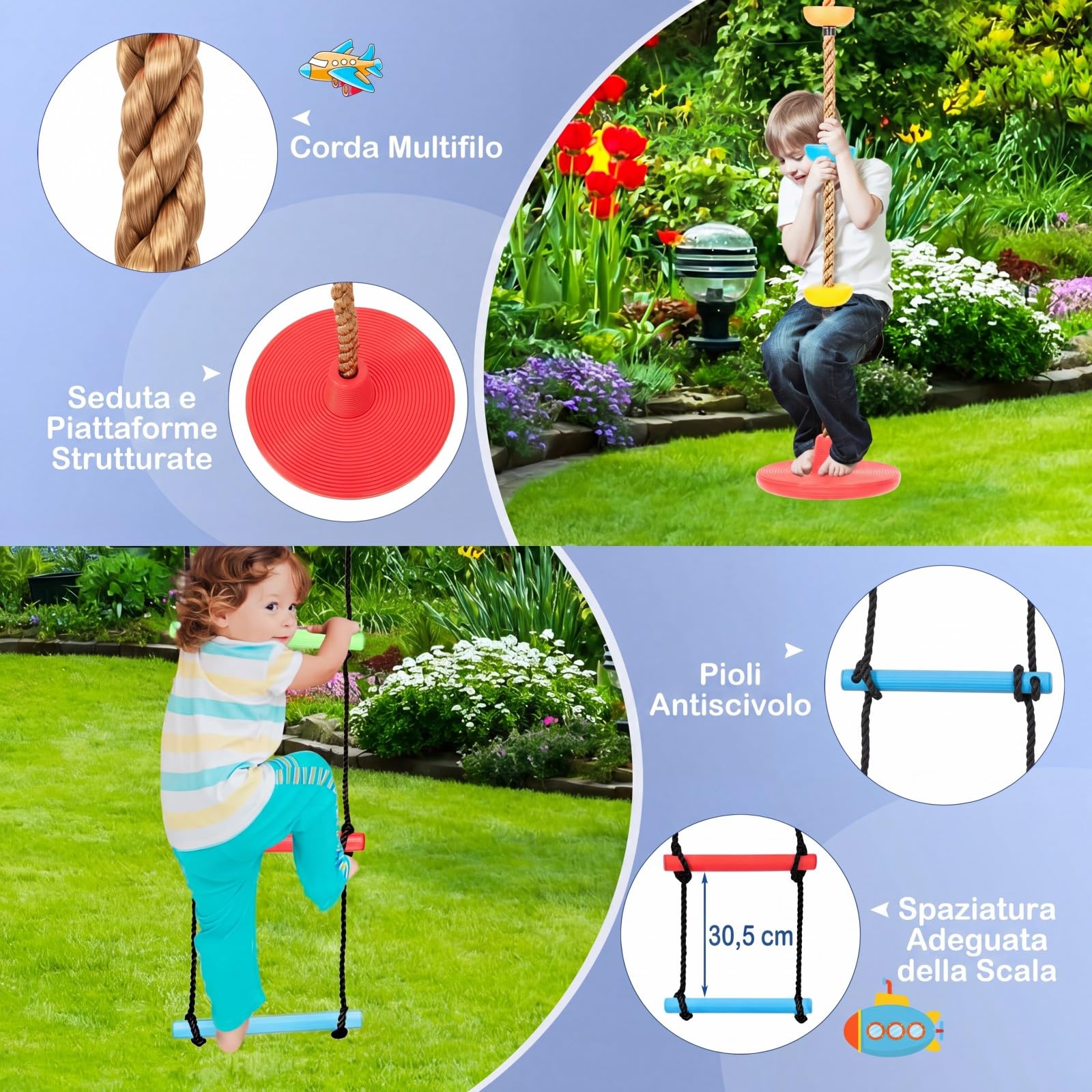 COSTWAY Set Altalena per Bambini, Set Altalena 4 in 1 (Verde) | con Canestro Basket, Altalena Regolabile, Scala e Disco con Corda, Giochi da Interno ed Esterno, Portata 300 kg