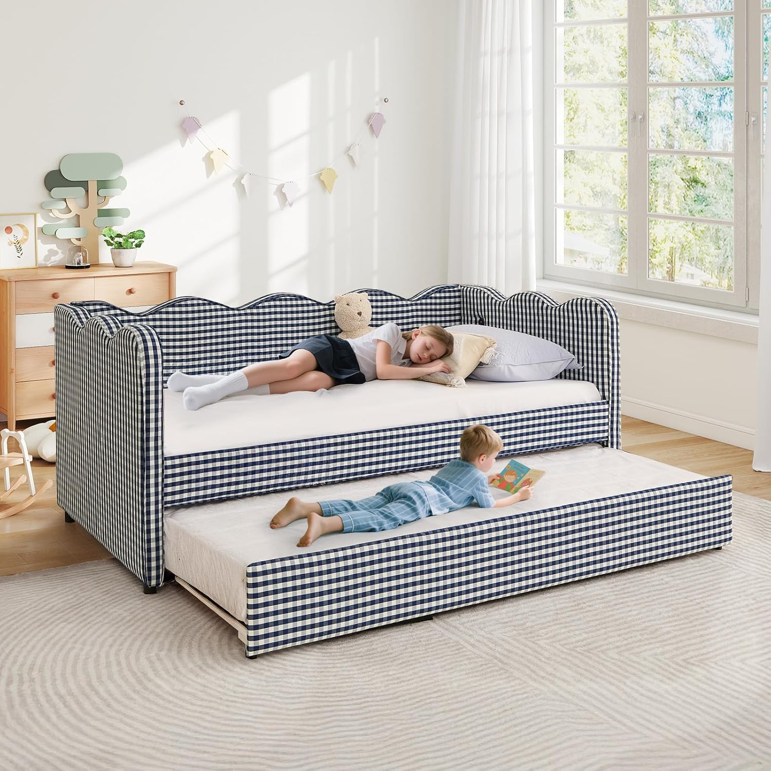 Twin Daybed with Trundle, Linen Upholstered Daybed Frame with Pop Up Trundle with USB Charging Ports, Modern Sleeper Princess Sofa Bed Frame with Wavy Look & Plaid Pattern for Bedroom Playroom, Blue