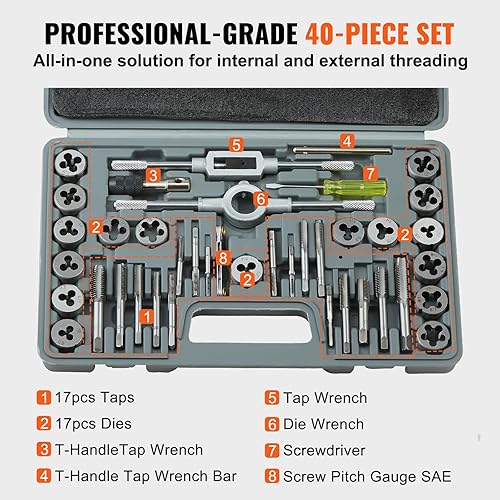 Miniatura 4 de VEVOR Juego de llaves y troqueles, 40 piezas incluyen tamaño SAE NCNFNPT, roscas y troqueles de acero para rodamientos, herramienta de roscado