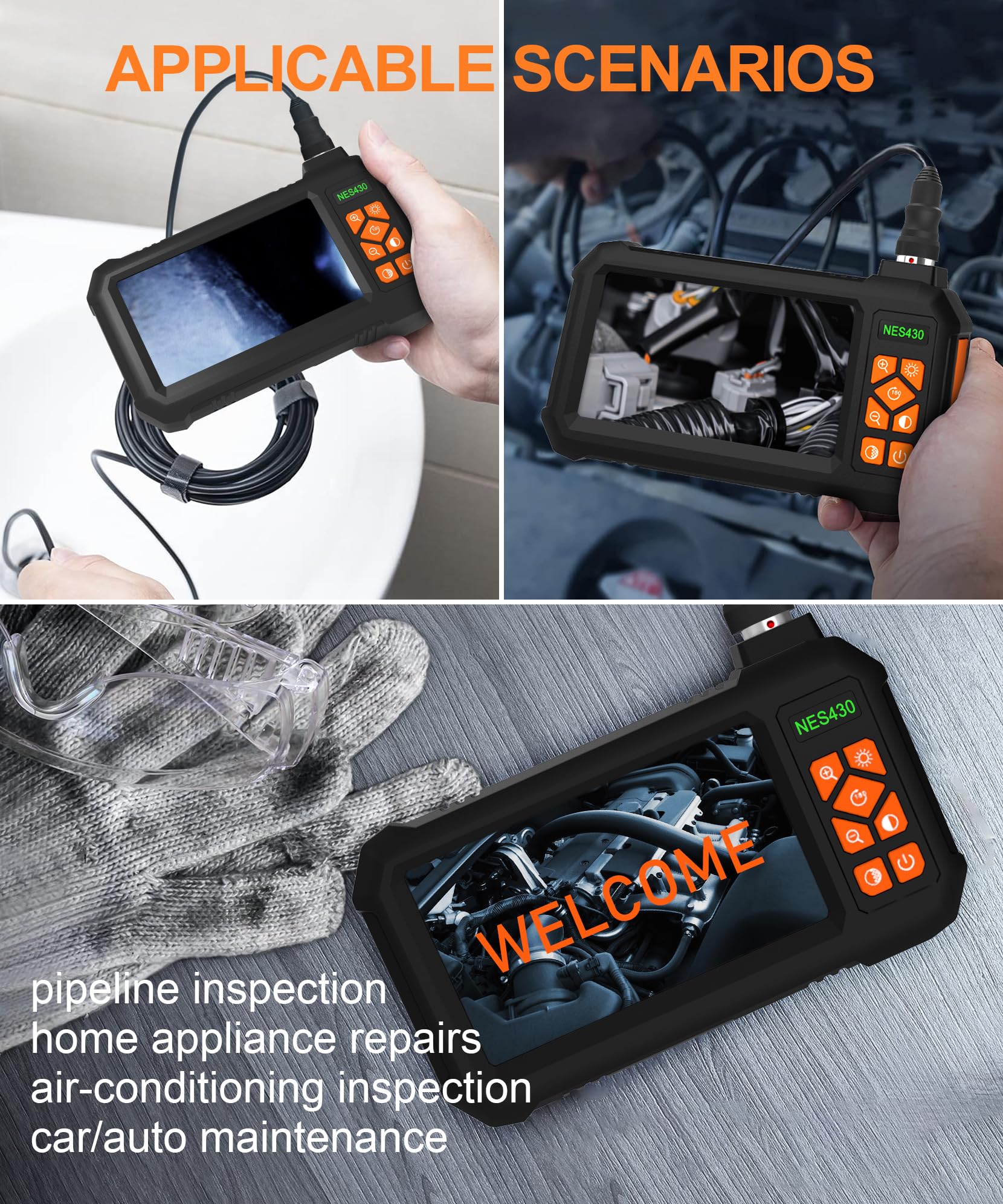 Cámara endoscopio industrial con luz, pantalla LCD de 4.3 pulgadas, cámara digital HD de mano, impermeable, cámara de inspección de alcantarillado con 8 luces LED, cable semirrígido de 16.5 pies