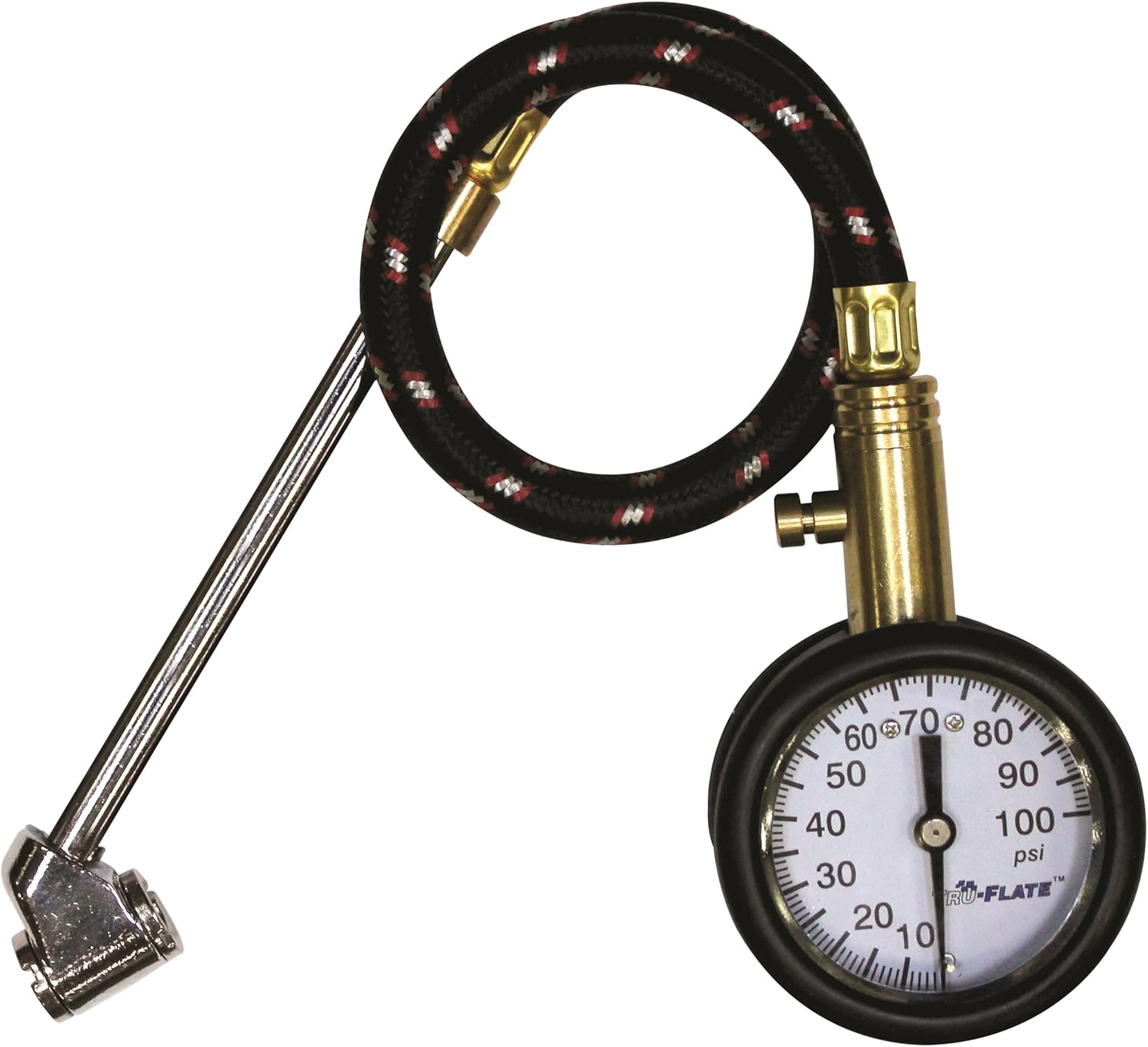 Plews & Edelmann Tru-Flate 17-569 Professional Dial Tire Gauge with 12" Flex Hose and Dual Foot Chuck (5-100 PSI), 1 Pack