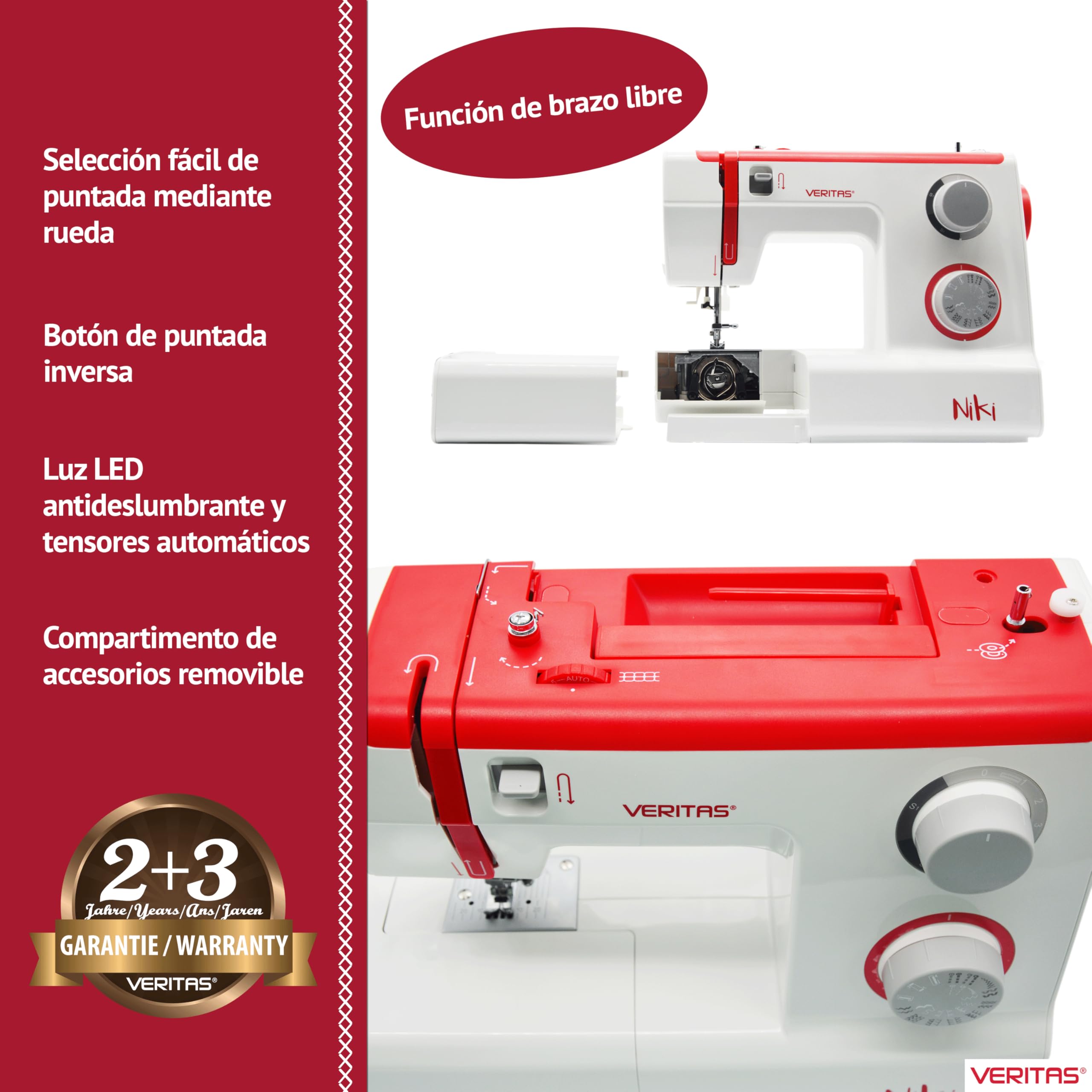 VERITAS Máquina de coser Niki I 23 programas de costura I Ayuda para enhebrar I Tensión automática del hilo & Cortador de hilo I Longitud del punto ajustable I Luz LED para coser (blanco-rojo)