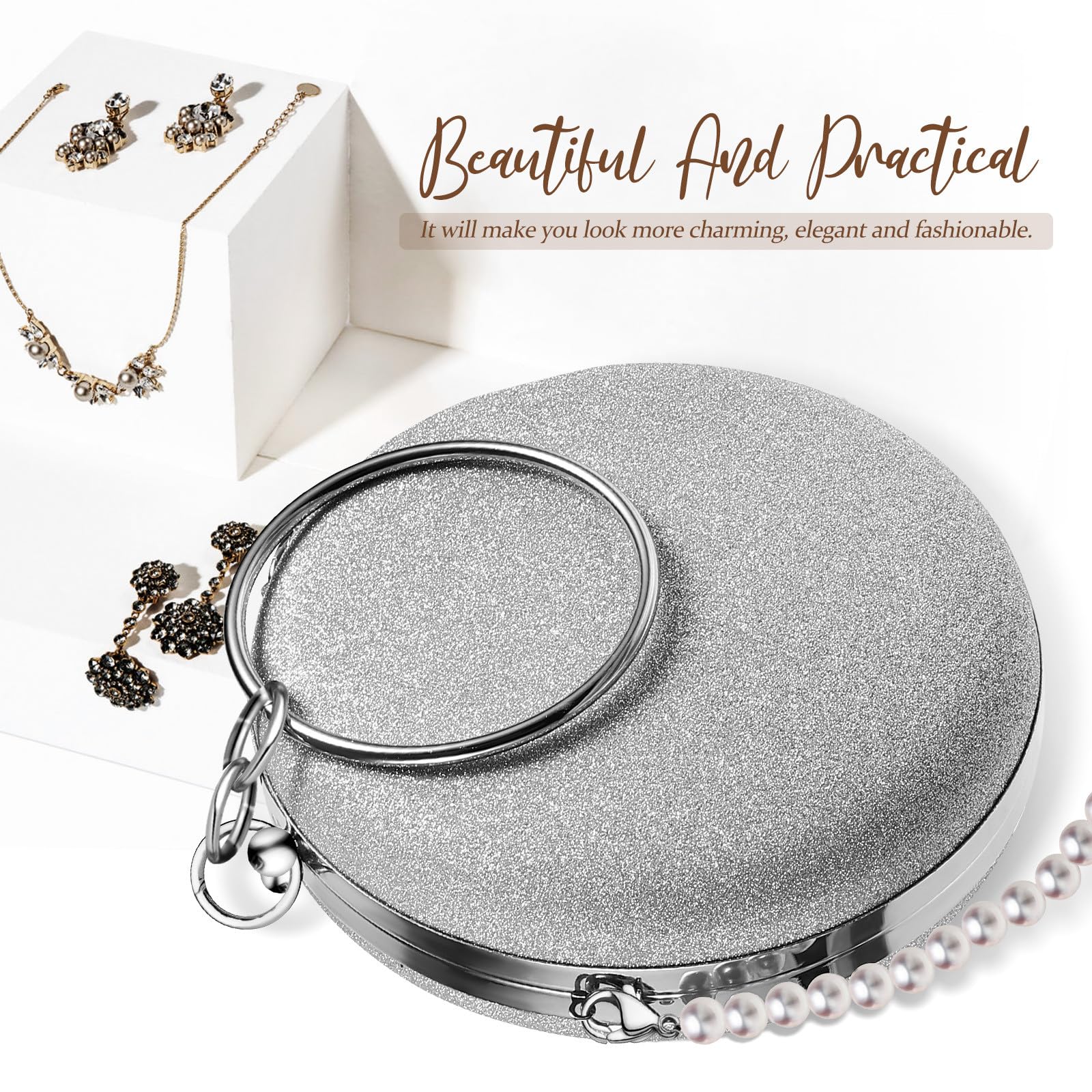 Abendclutch und Rundem Ring aus Pu Leder mit Abnehmbarer Perlenkette Runde in Silber mit Metallkette Damen für Tanz und Party