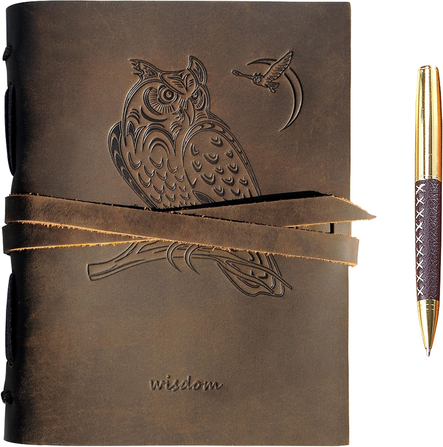 Sovereign-Gear Leather Bound Journal for Men and Women, Handmade Gift Set with Owl Embossed Journal and Stylish Pen, Vintage and Classic, Notebook, Sketchbook, Planner and Diary (300 Pages) (8x6)