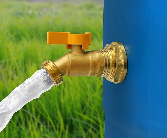 Brass Rain Barrel Spigot Kit. Lead-Free Compliant. 3/4 Inch Quarter Turn Ball Valve. Rain Barrel Kit for Any Including 5 55 Gallon Drum Spigot Bucket, with Bulkhead Fitting, Tape P72-02330G