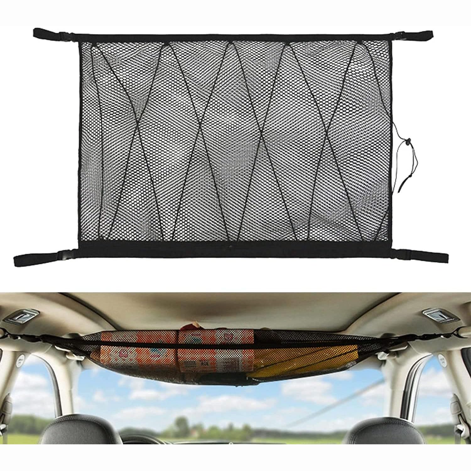 Xspring Cargo Net Pocket, Car Ceiling Cargo Net Pocket, 90x65cm Car Roof Storage Organizer, Long Trip Camping Storage Bag Tent for Putting Quilt Children's Toy Towel Sundries Interior Accessories