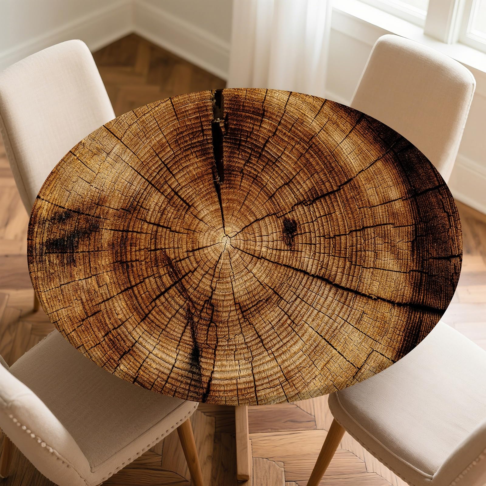 Odot Round Tablecloth Wipe Clean 60-160cm, Wood Grain Effect Round Outdoor Table Cover Fitted Elastic Edged Washable Circle Table Cloth Protector Decorative for Kitchen Dining Room (Circles,130cm)