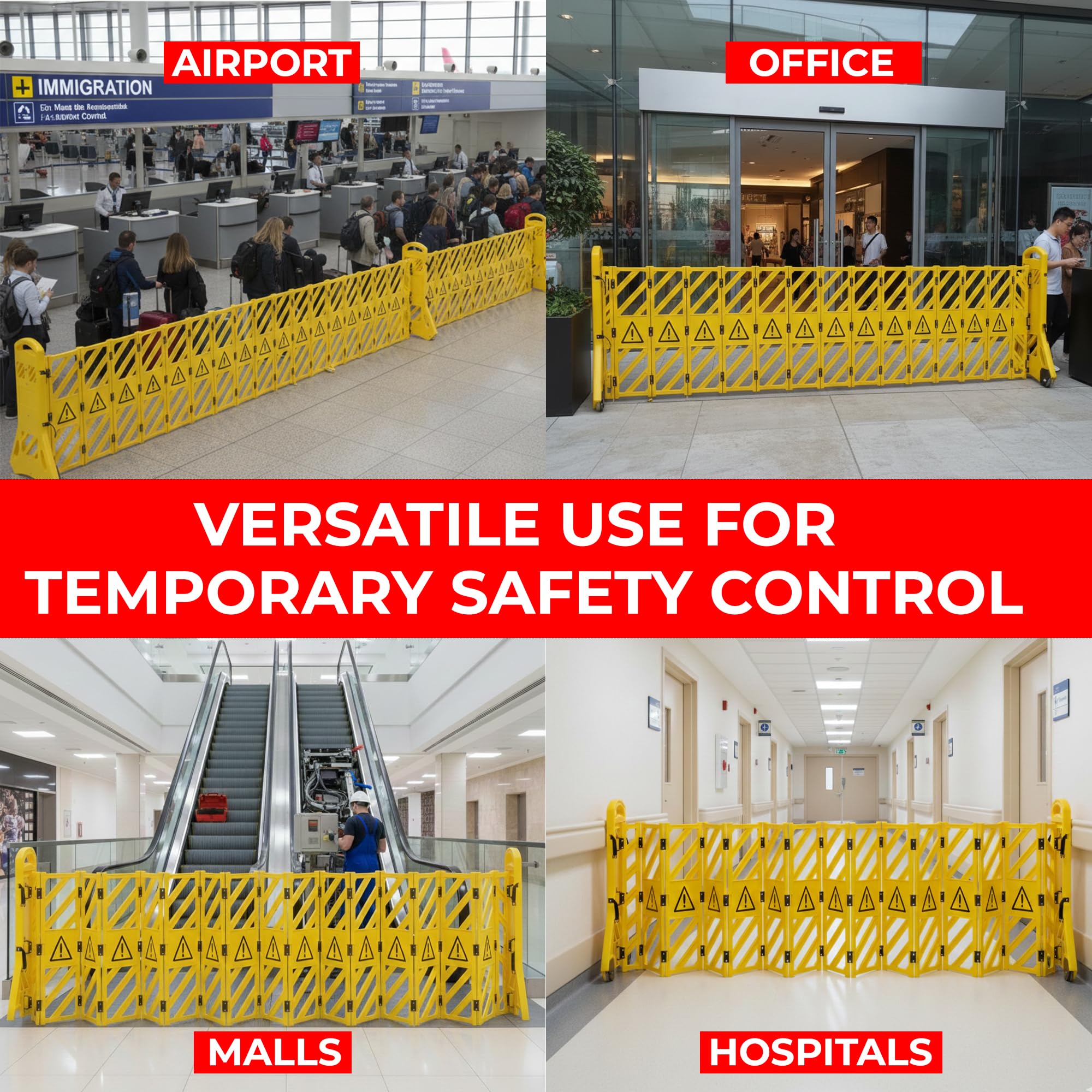 Barrera de plástico plegable expandible Amarillo | Barricada seguridad móvil retráctil | Control tráfico temporal peatonal