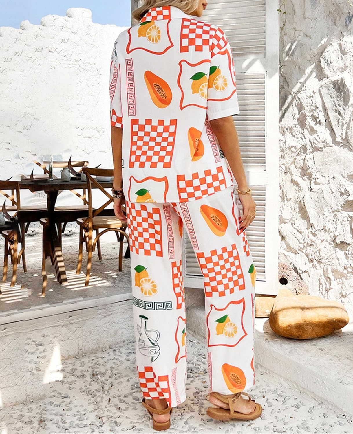 MINTLIMIT Women's 2 Piece Outfits Short Sleeve Button Down Shirt Printed Tops Long Pants Summer Beach Lounge Sets - Image 6