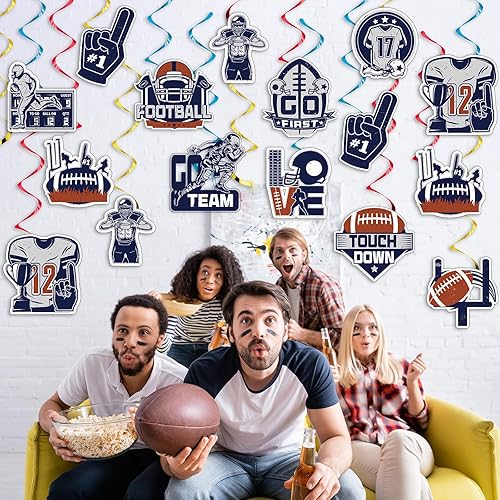 Miniatura 5 de QOUBAI 84 piezas de remolinos colgantes para fiesta de fútbol, decoración de remolinos de fútbol azul, cascos, trofeos, remolinos de rugby, regalos