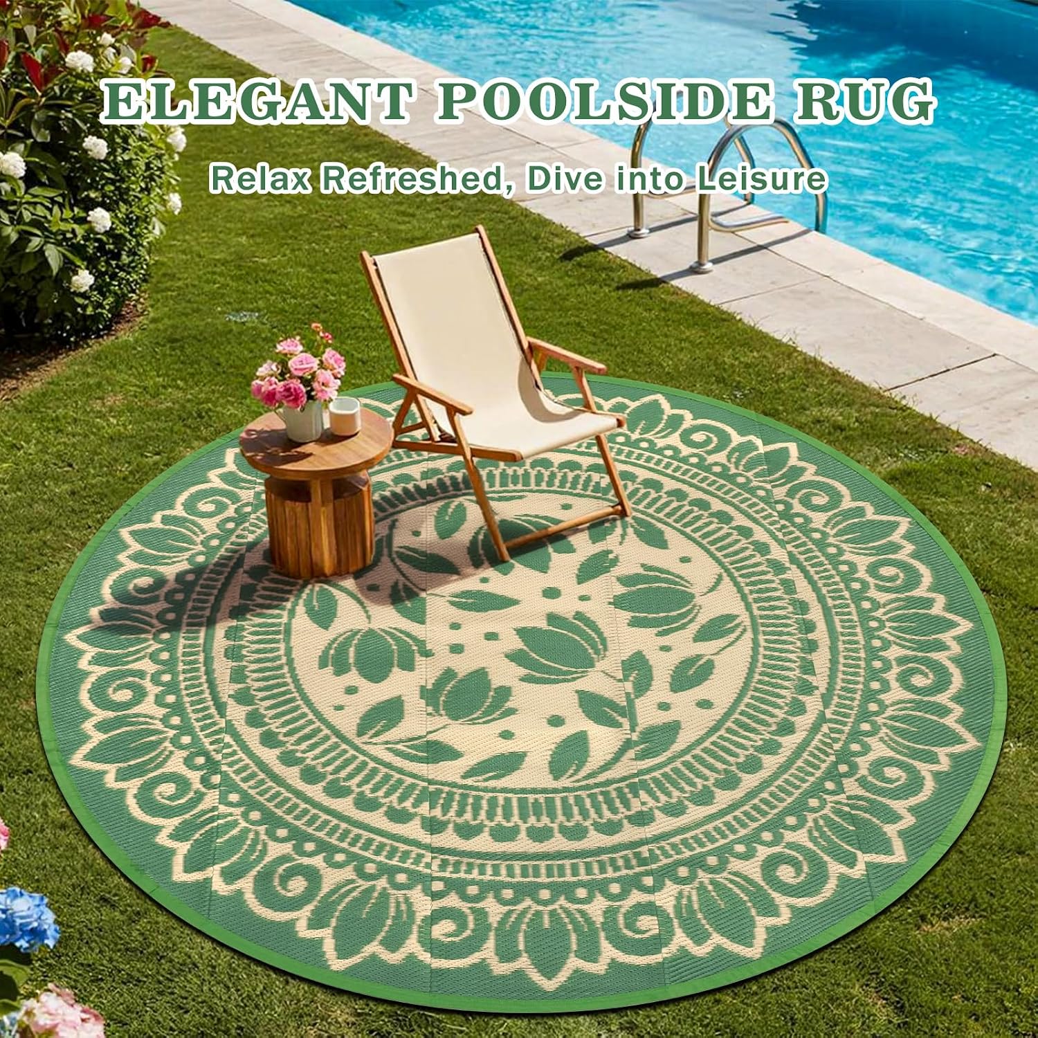 6ft Round Waterproof Outdoor Patio Rug, Reversible Eco-Friendly Plastic Woven Rug, Boho Floral Pattern All-Weather Mat & Picnic Mat for RV, Camping, Deck, Porch, Backyard and Garden, Green