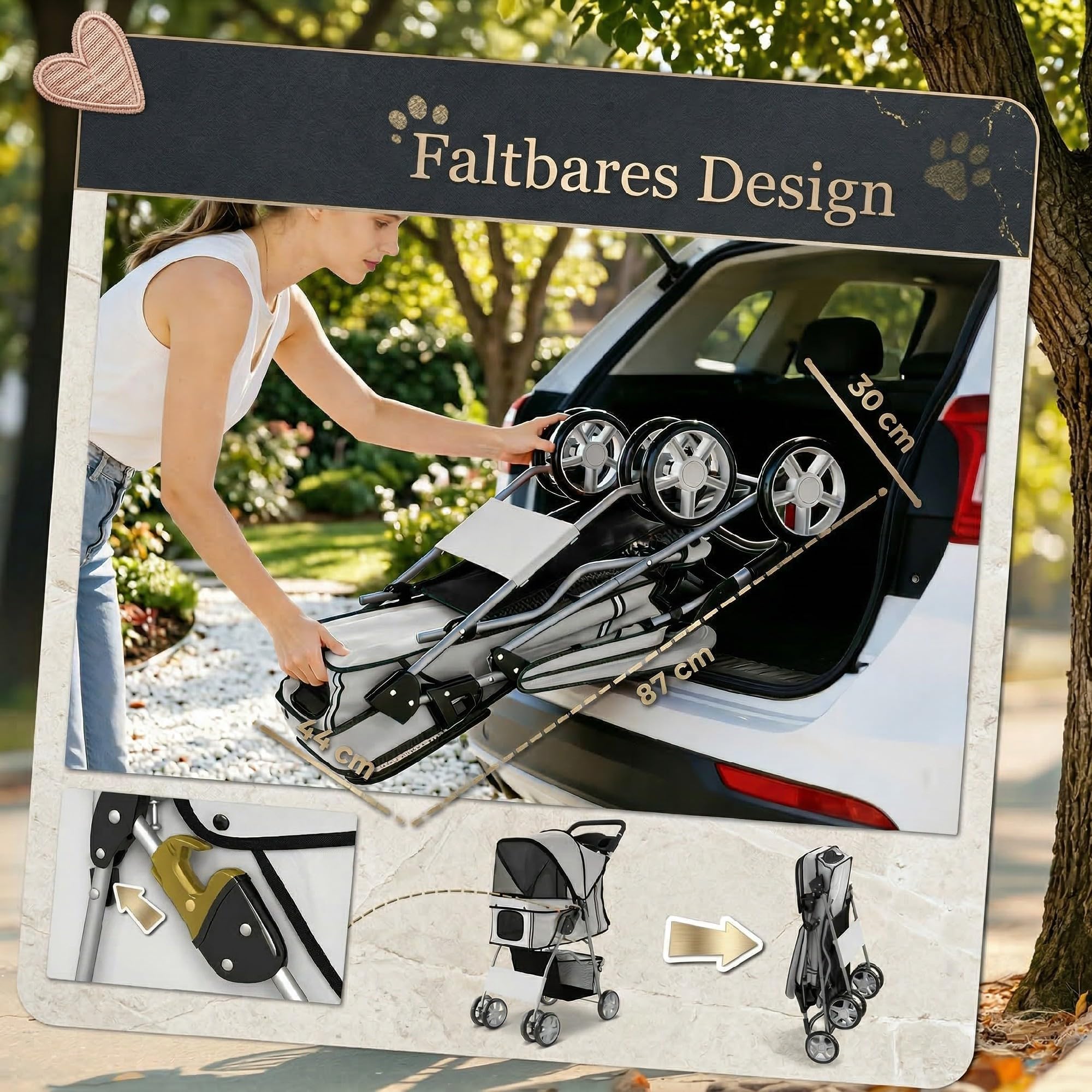 PawHut Hundewagen Hundebuggy Faltbar Katzenwagen bis 10kg mit Regenschutz Reflektorstreifen Aufbewahrungskorb waschbar Kissen Netzfenstern Getränkehaltern Räder mit Bremse für kleine Hunde Grau
