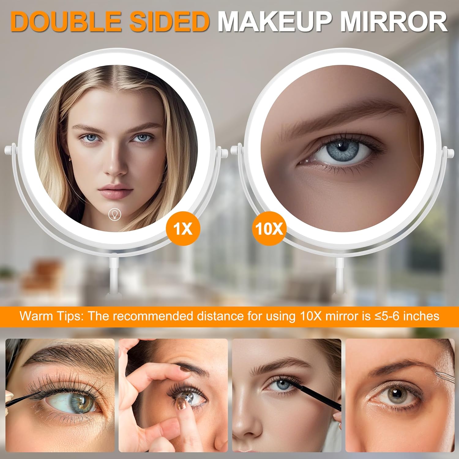 8.7" Large Lighted Makeup Mirror, 1X/10X Magnifying Mirror with 3 Color Dimmable Lights, Double Sided Vanity Mirror, Height Adjustable, 360° Swivel Cosmetic Mirror for Women Girl(White)