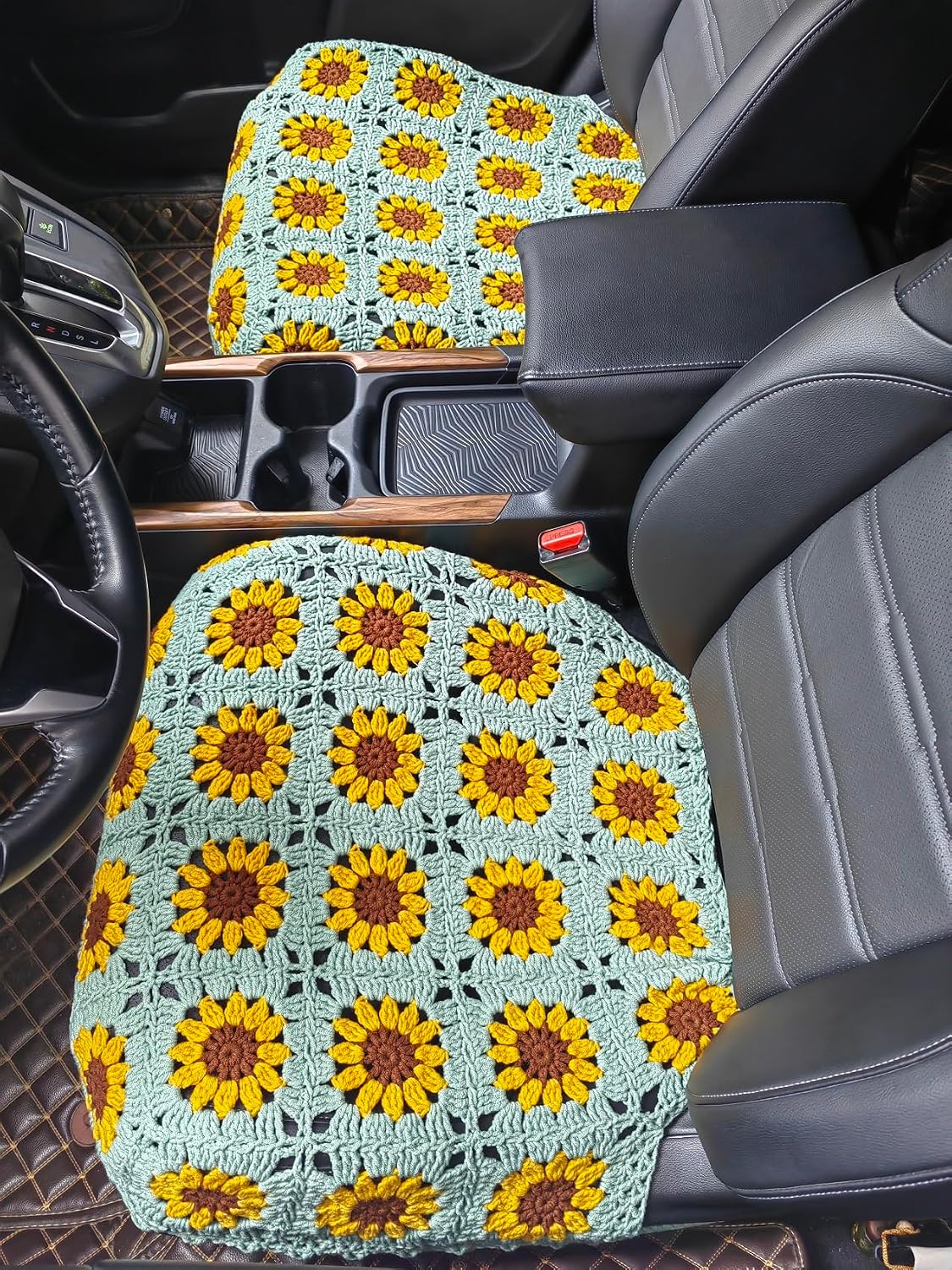 Handmade Crochet Sunflower Car Seat Cover Front Bottom Seat Cushion Cover,Universal Fit Vehicles Sedans SUVS Vans Trucks -2 Piece (Green-Yellow Frower)