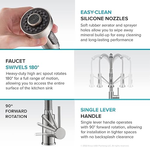 Vista 13 de Kraus Bolden - Grifo de cocina sin contacto de estilo comercial, de una sola manija, con dos funciones y rociador abatible en latón cepillado