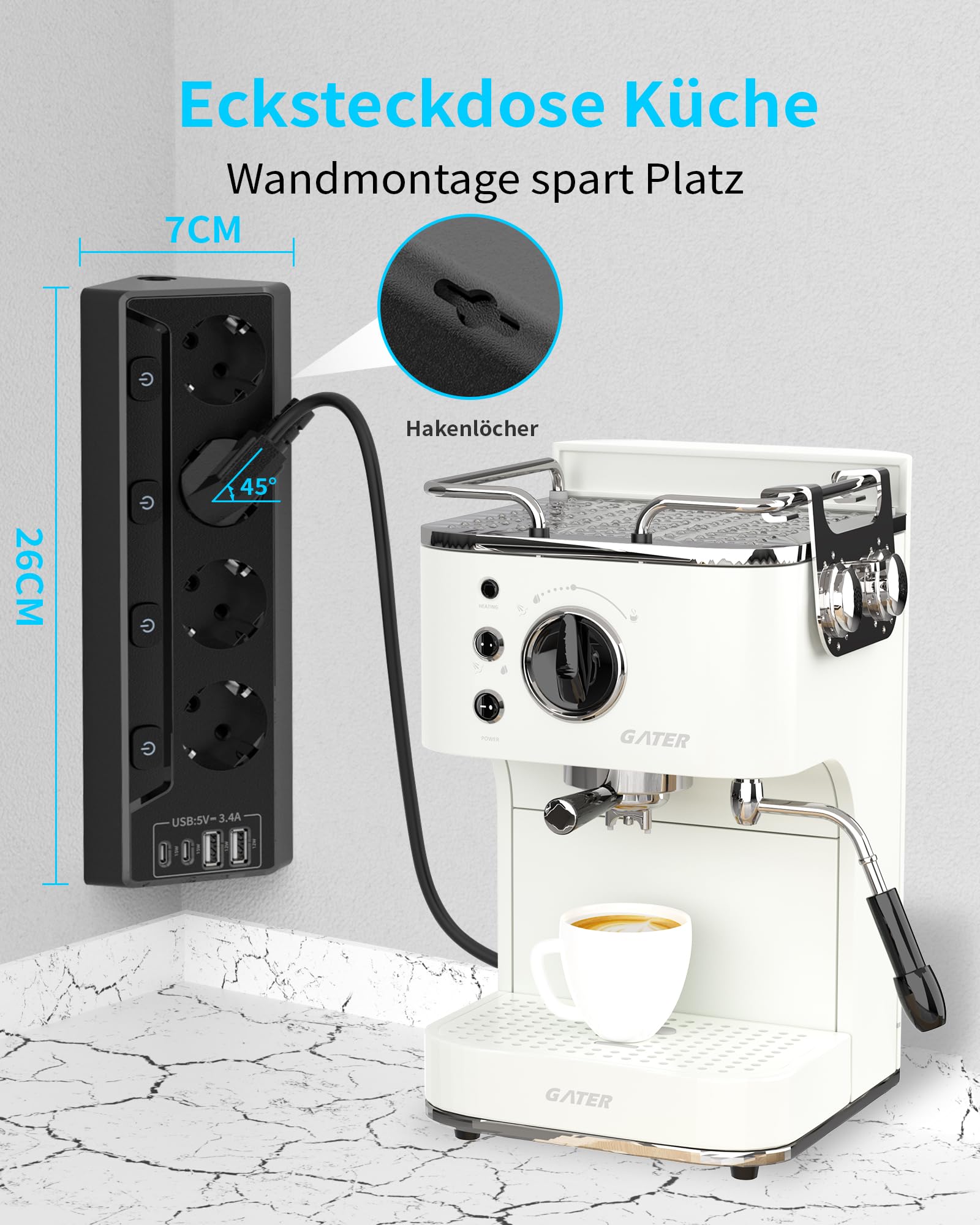 Ciabatta elettrica commutabile singola, presa multipla a 4 prese, con USB, 8 in 1, con cavo da 2 m, per casa e ufficio, 16 A, 3680 W (nero)