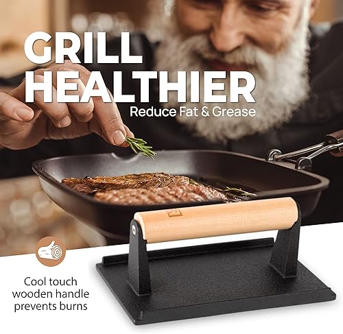 Miniatura 5 de Prensa de parrilla de hierro fundido (juego de 2)  Prensa de parrilla de 2.6 libras con mango de madera de tacto frío  Prensa de carne pre-sazonada