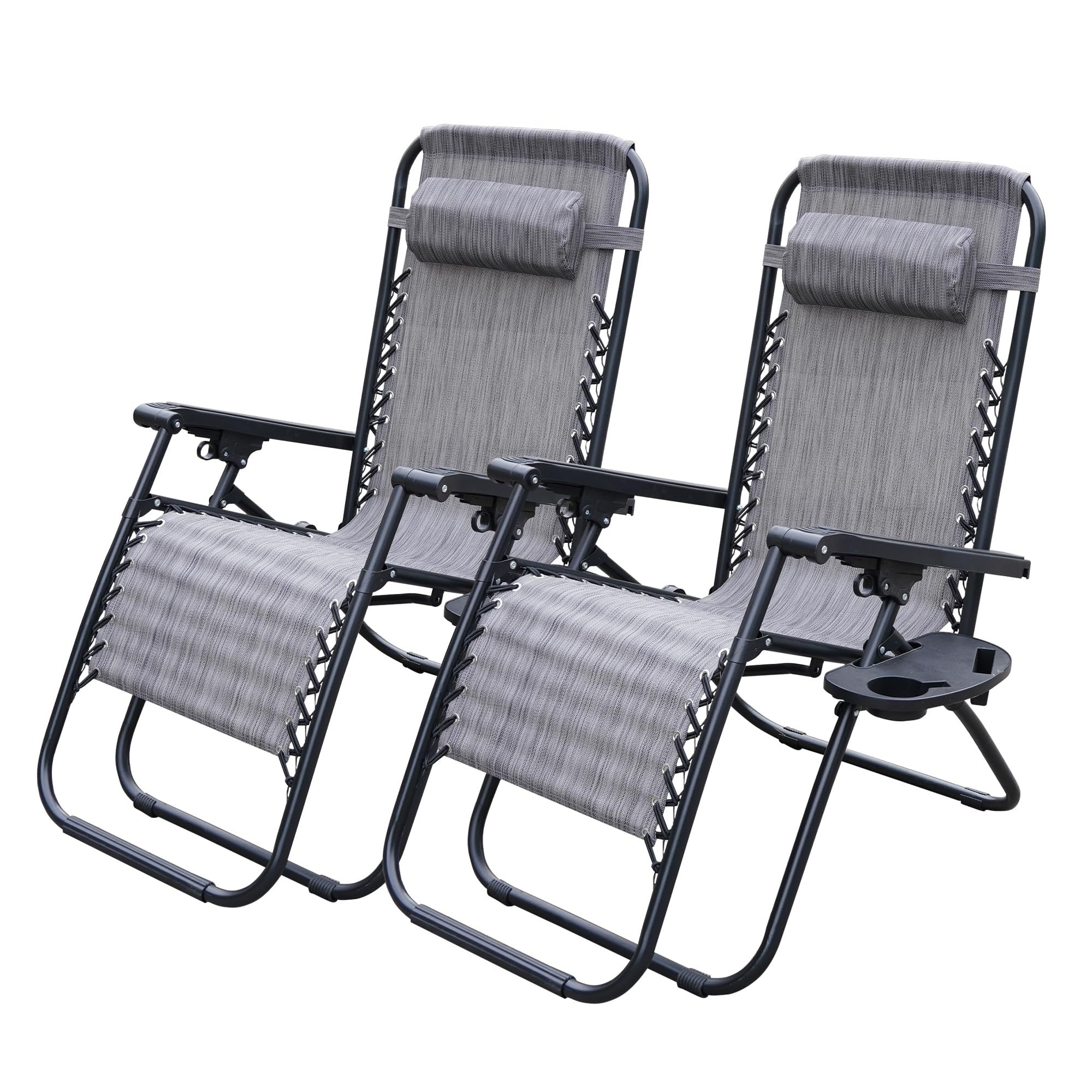 Alivio Zero Gravity Chair Sunloungers, Adjustable Reclining Outdoor Chair, Garden Patio Relaxer Chairs Sun Loungers, Heavy Duty Folding Chair with Mobile Cup Holder & Headrest Pillow (Grey, Set of 2)