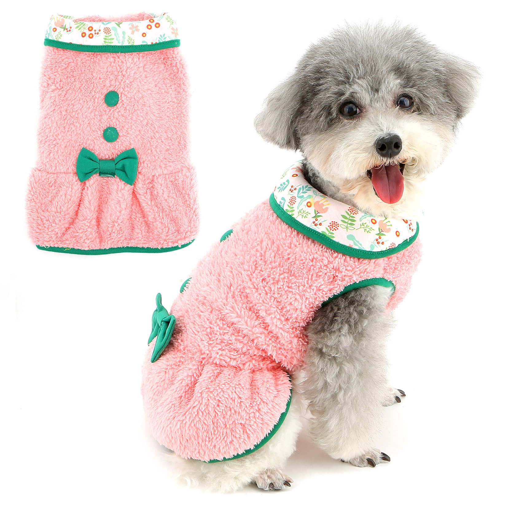 Zunea Fleece Dog Dresses for Small Dogs Cute Princess Dress with Bow Knot Soft Warm Winter Female Puppy Clothes Pullover Skirt Cold Weather Chihuahua Doggie Pet Apparel Pink XL