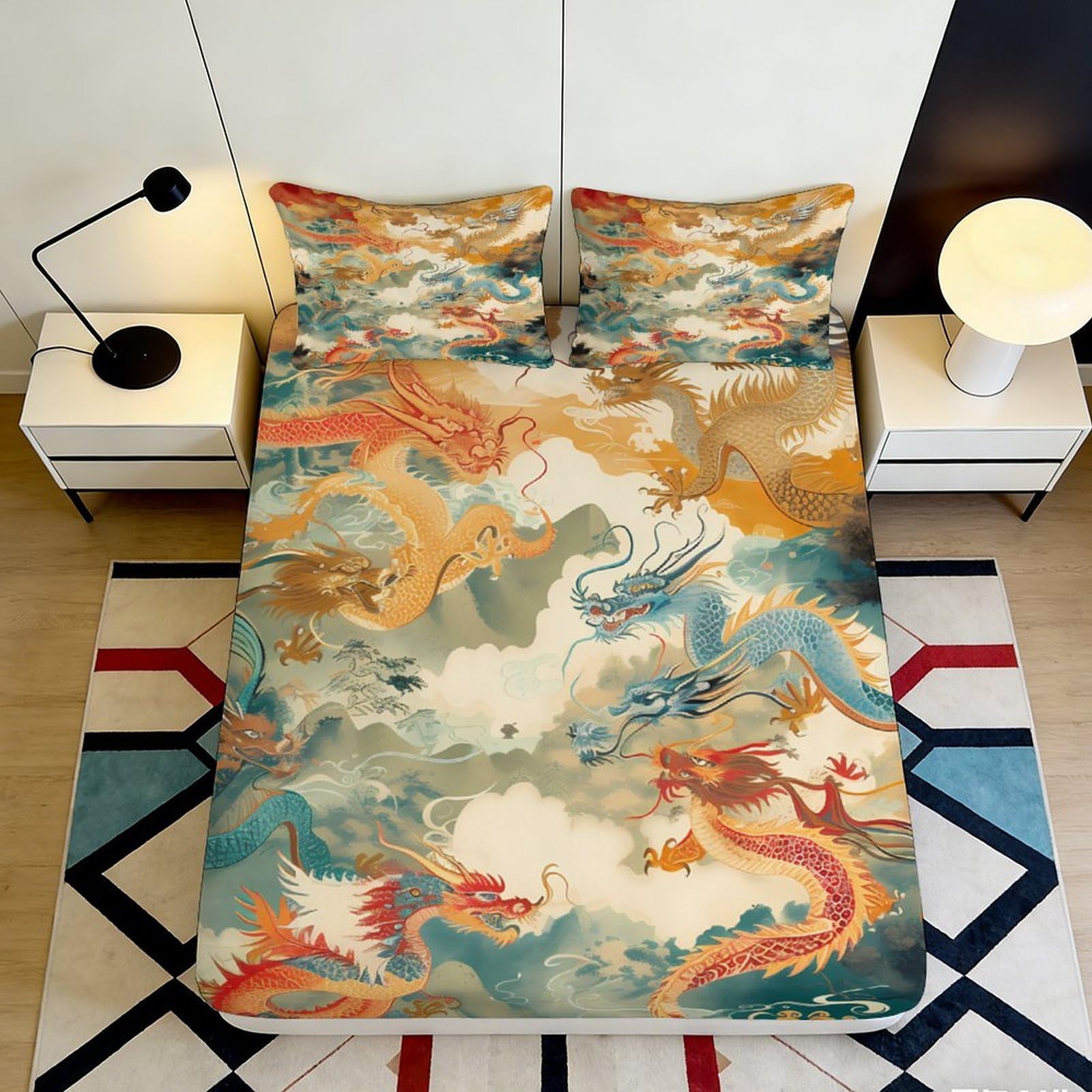 3D Printed Oriental Dragon Fitted Sheet Microfiber Anti-Slip Cloud Pattern Mattress Cover for Bedroom Decor 200x200x25cm