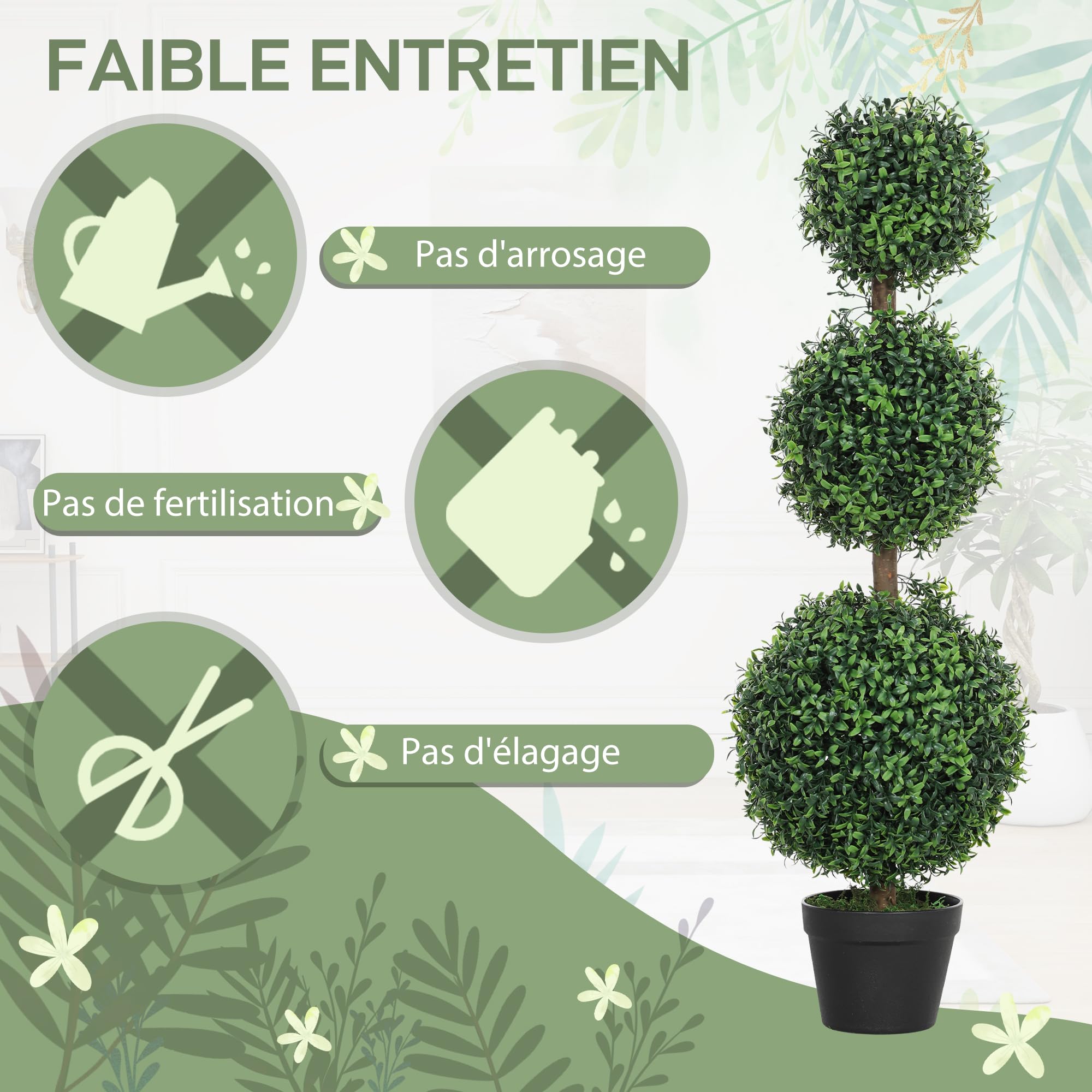 HOMCOM Lot de 2 Arbres Artificiels 101,6 cm 3 Boules de Buis Topiaires Vert
