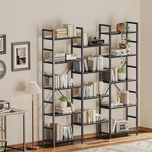 Miniatura 30 de SUPERJARE Estantería triple de 4 niveles, estantería con 11 estantes abiertos, estante ancho para el hogar y la oficina, color gris Negro -,Marrón