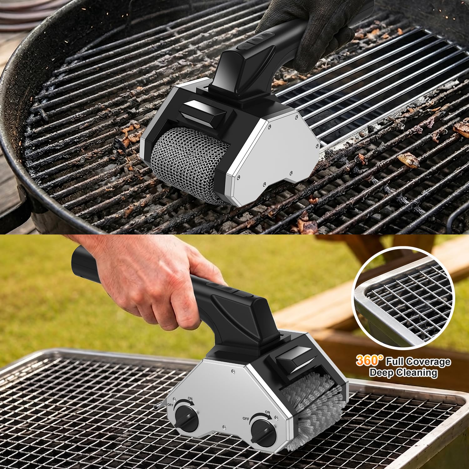 Cepillo eléctrico para parrilla para exteriores, 2026 mejorado 350 RPM inalámbrico limpiador de parrilla de barbacoa con doble cabeza, cepillo de limpieza portátil recargable con luz LED