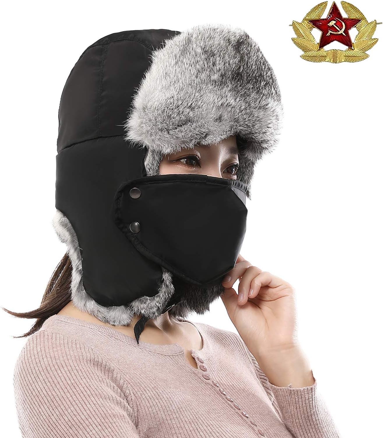 Valpeak Fox Fur Hats for Men Womens Trooper Trapper Hat with Ear Flap Unisex Russian Windproof Ski Hat for Winter Outdoor
