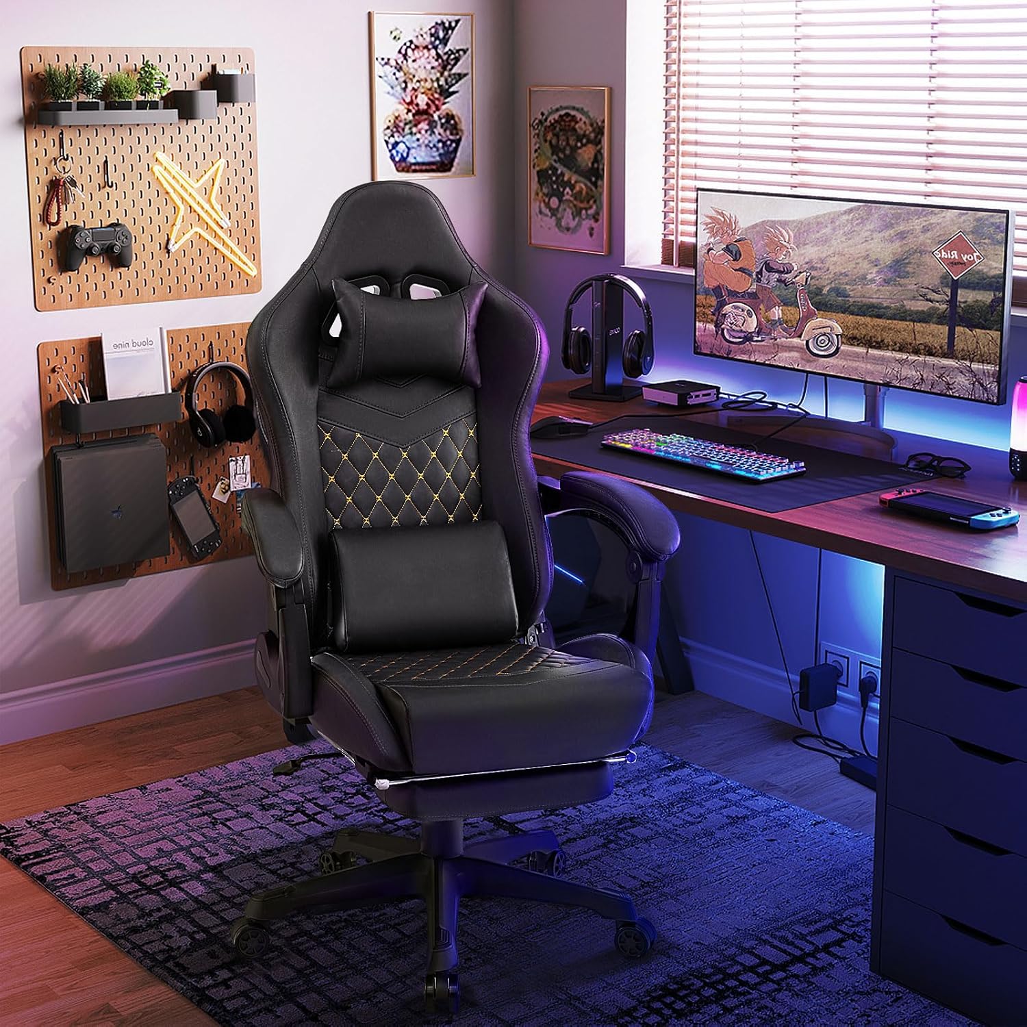 Giantex Gaming Chair, High Back Video Game Chair with Footrest, Headrest & Lumbar Support, Ergonomic Computer Chair w/Rocking Function, Height Adjustable Swivel Task Chair, Black
